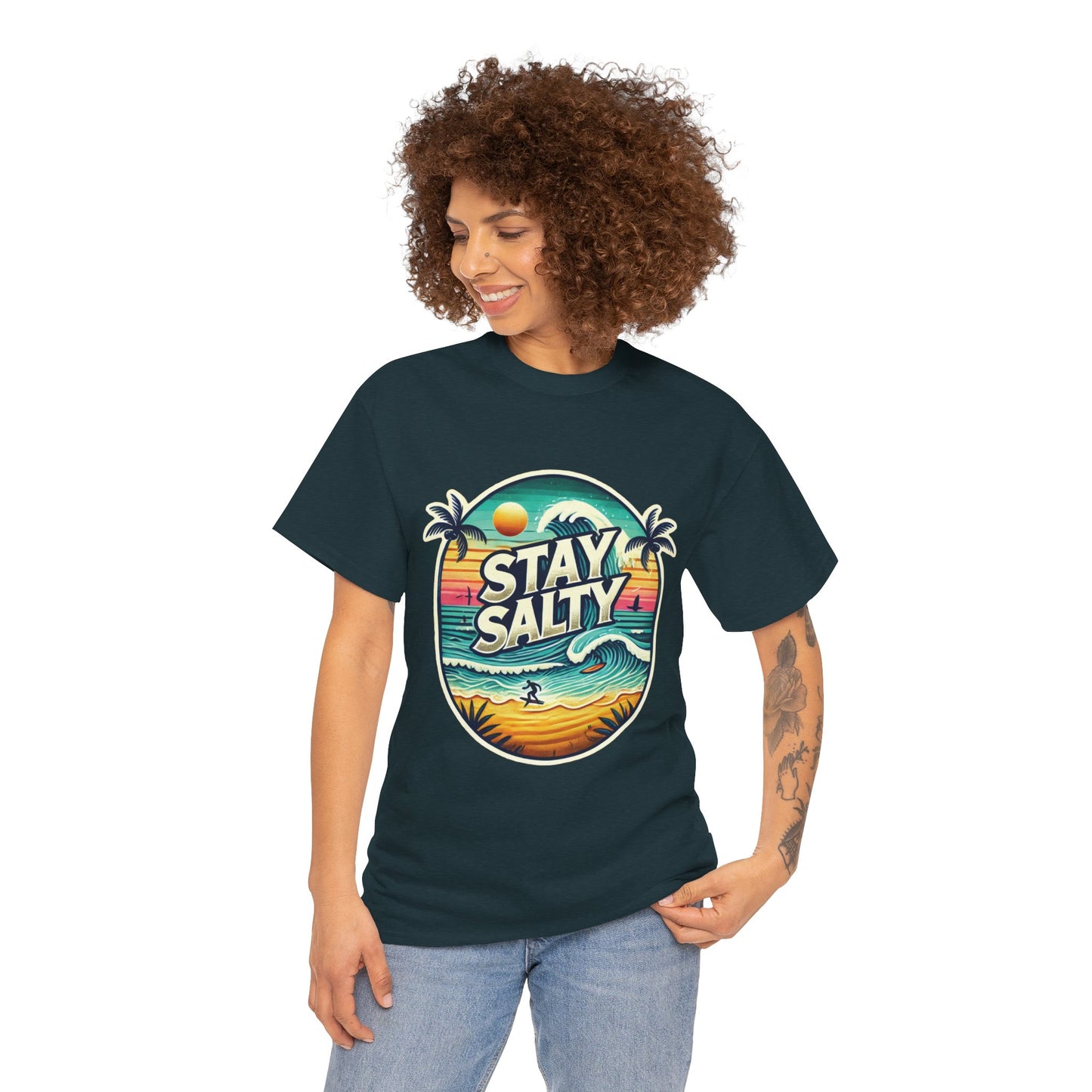 Stay Salty Retro Surf Unisex Heavy Cotton Tee, Vintage Beach Sunset Graphic T-Shirt, Summer Ocean Wave Surfer Shirt, Ocean Lover Gift
