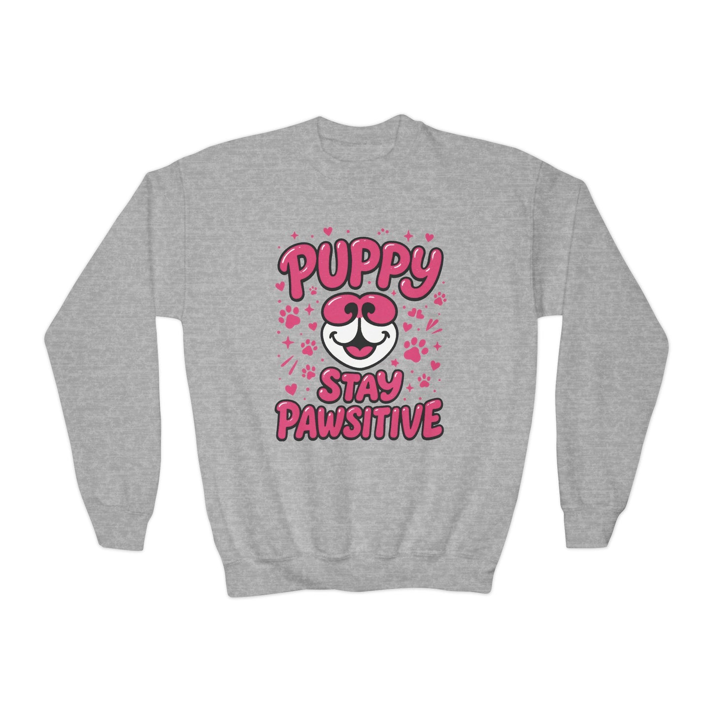 Youth Puppy Crewneck Sweatshirt - Stay Pawsitive Design, Cute Pet Apparel, Kids Sweatshirt, Animal Lover Gift, Cozy Winter Wear, Kids Gift