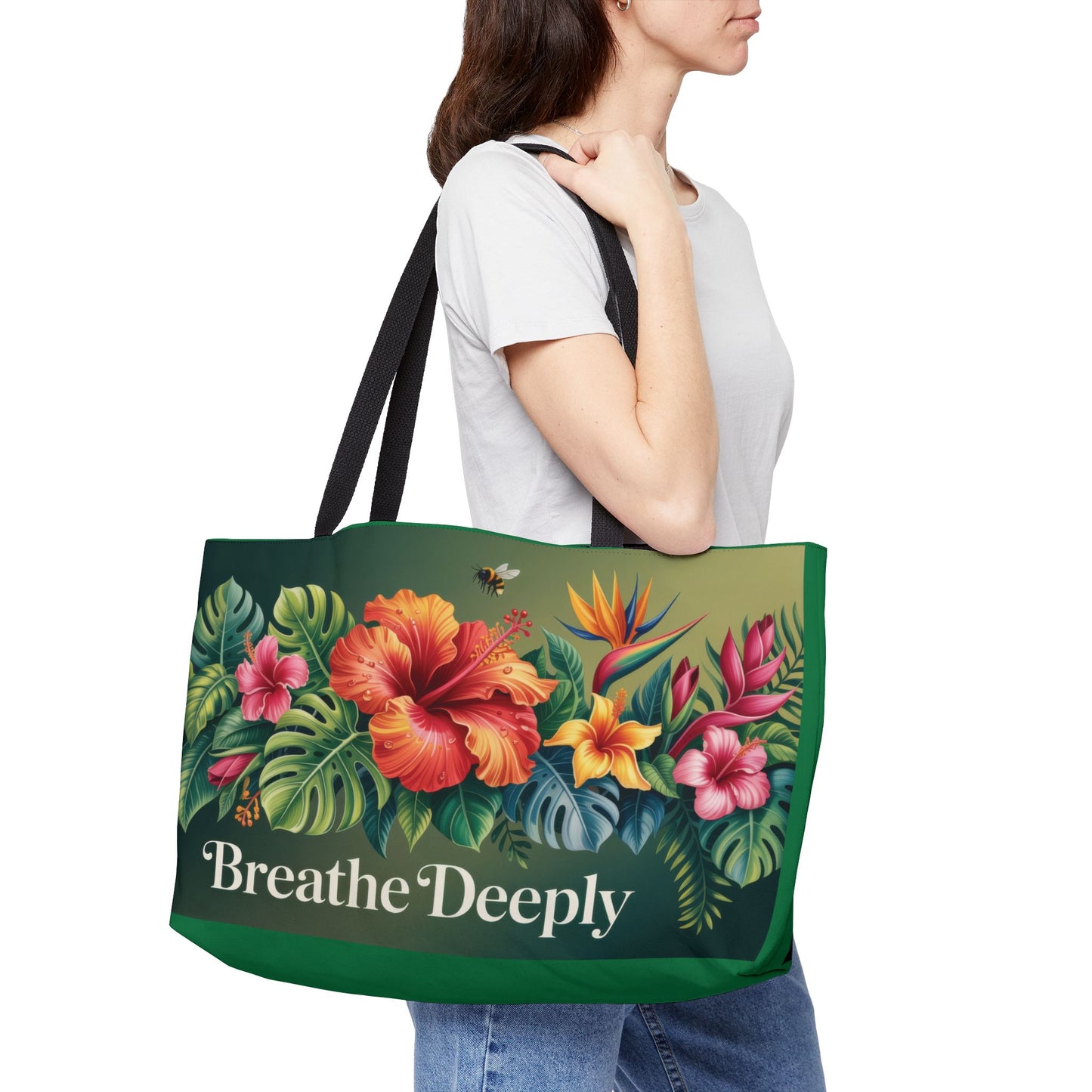 Tropical Floral Weekender Tote Bag - Breathe Deeply, Beach Bag, Travel Tote, Summer Accessory, Weekend Getaway, Gift for Travelers