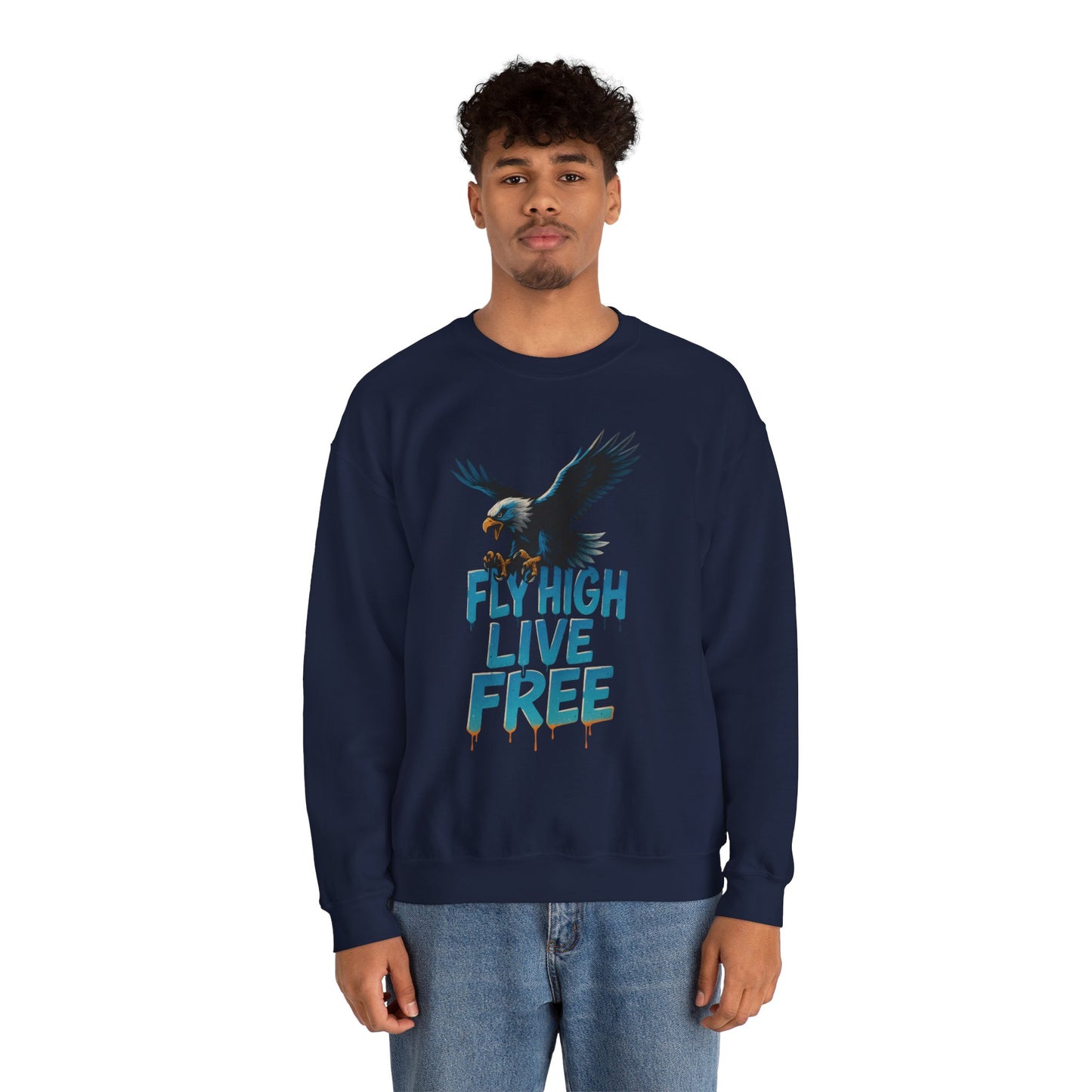 Mens Heavy Blend™ Crewneck Sweatshirt, Fly High Live Free Mens Eagle Graphic Sweatshirt