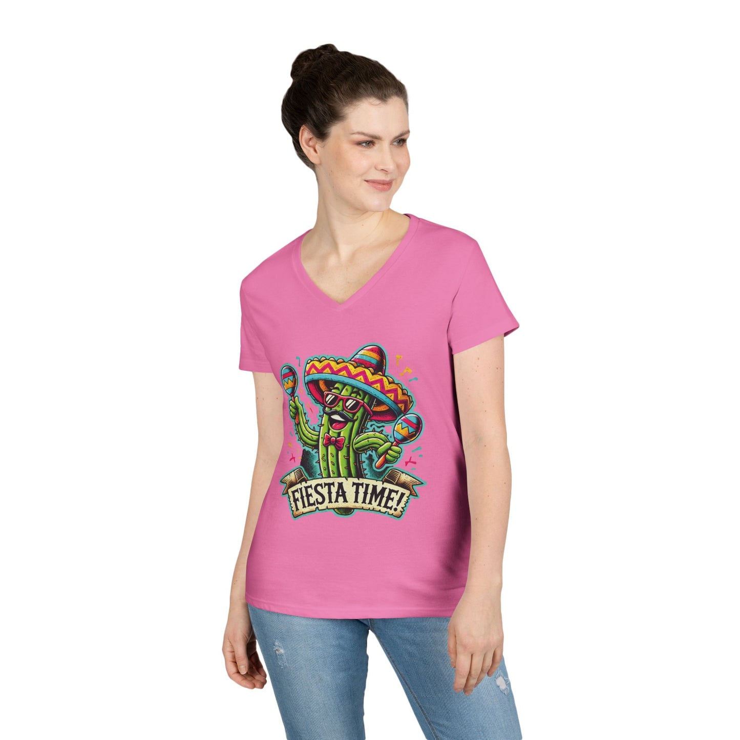 Fiesta Time Cactus Ladies' V-Neck T-Shirt, Funny Sombrero Mexican Party Tee, Cinco de Mayo Gift Idea, Fun Summer Tee, Party Wear