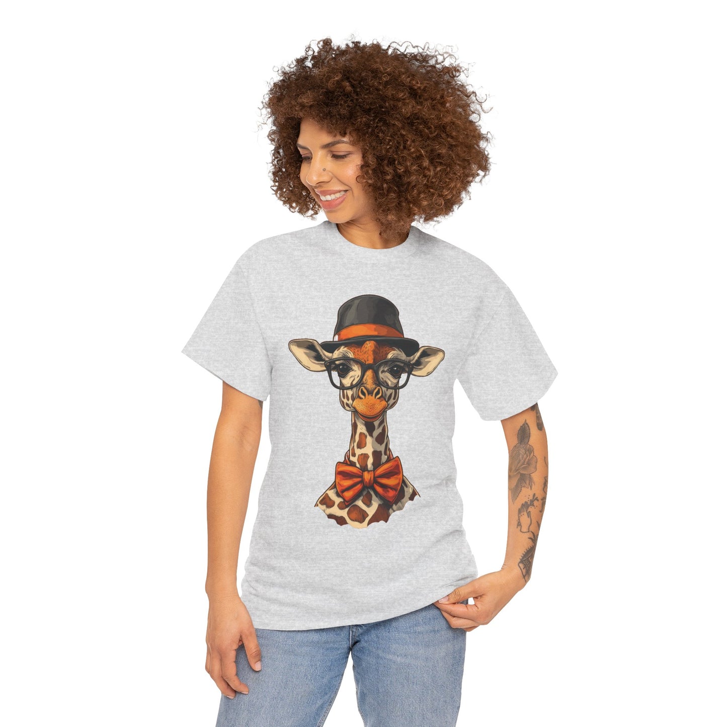 Hipster Giraffe T-Shirt with Hat and Glasses, Whimsical Giraffe Tee, Fun Gift, Cute Graphic Shirt, Unisex Heavy Cotton Tee