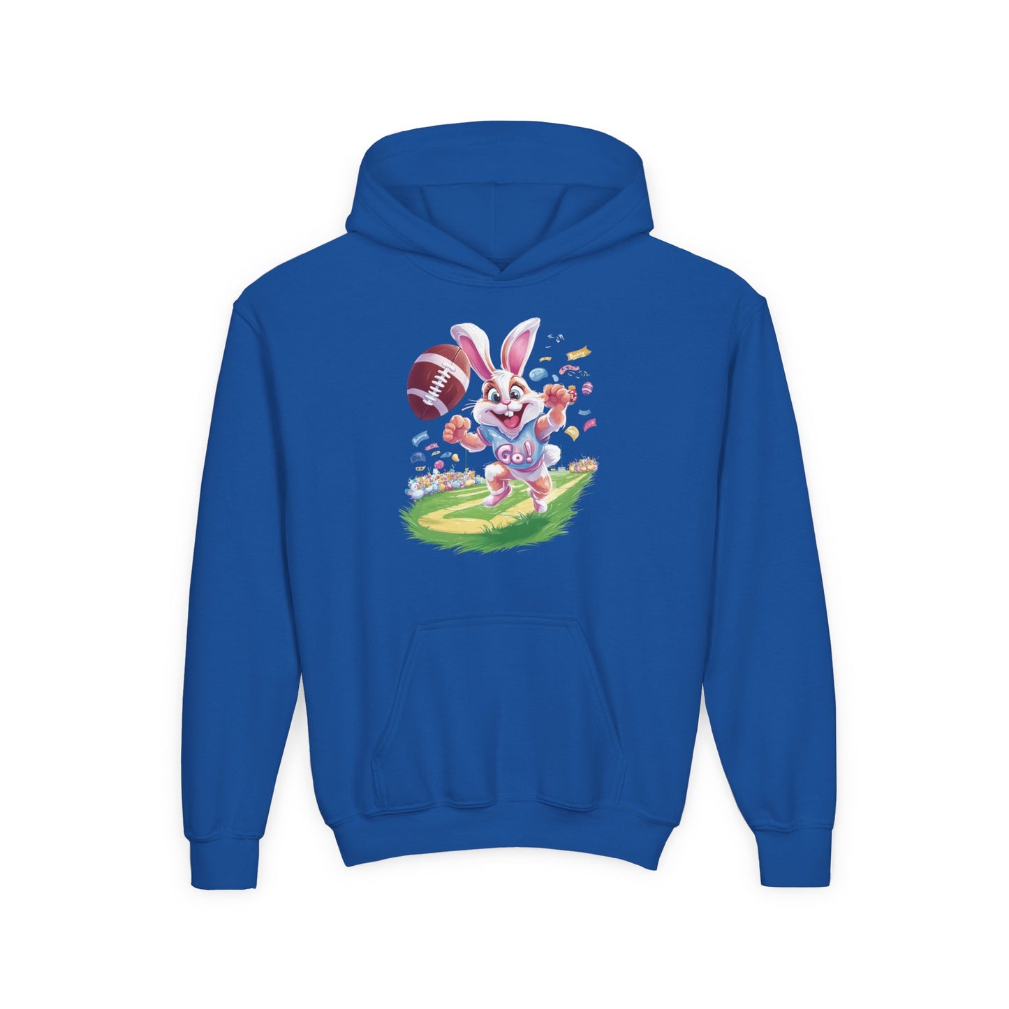 Touchdown Bunny Hoodie for Kids - Fun Easter Football Design - Youth Heavy Blend Sweatshirt - Spring Gift for Sporty Bunny Fans