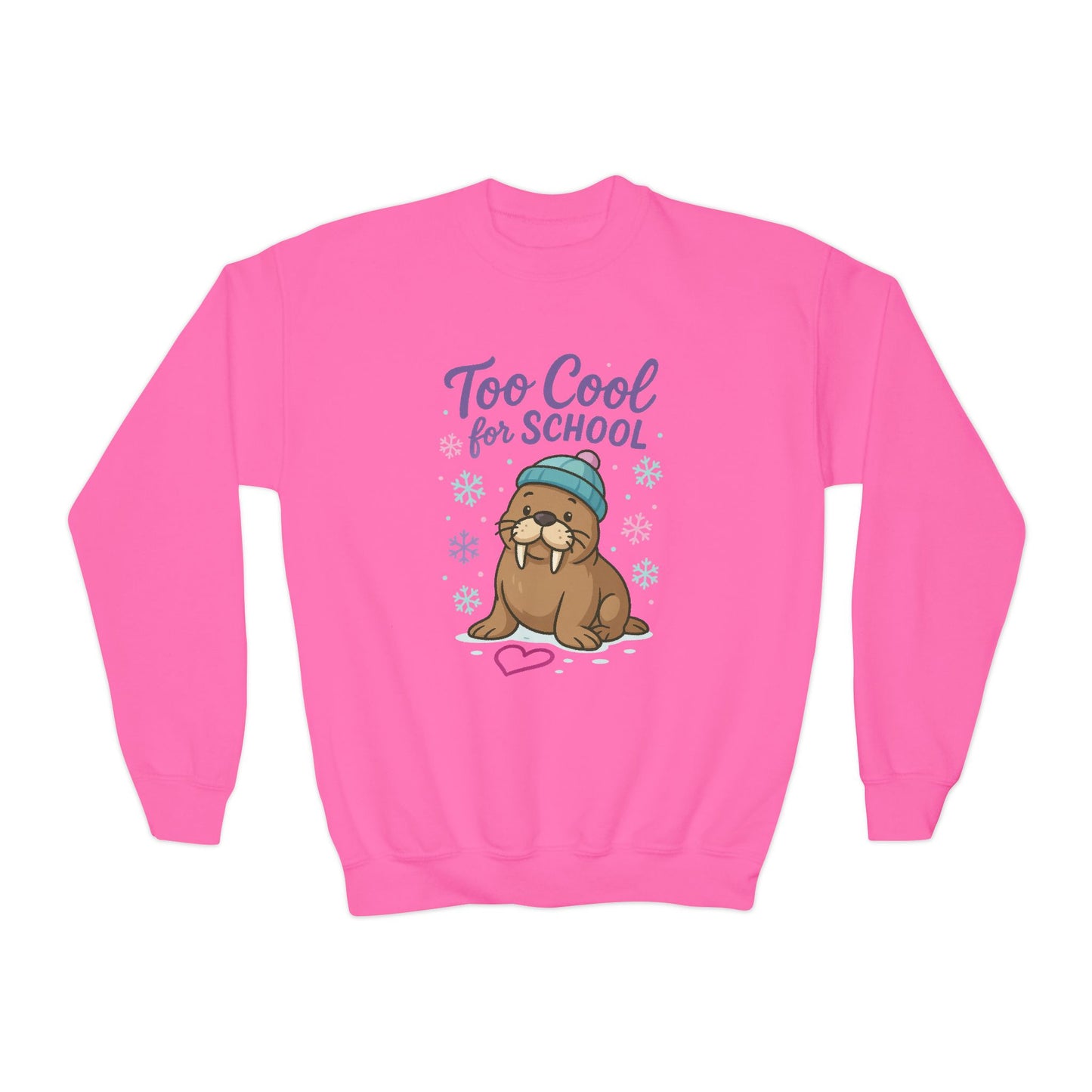 Youth Crewneck Sweatshirt, Kids Too Cool for School Walrus Sweatshirt, Funny Animal Pullover, Cute Winter Top