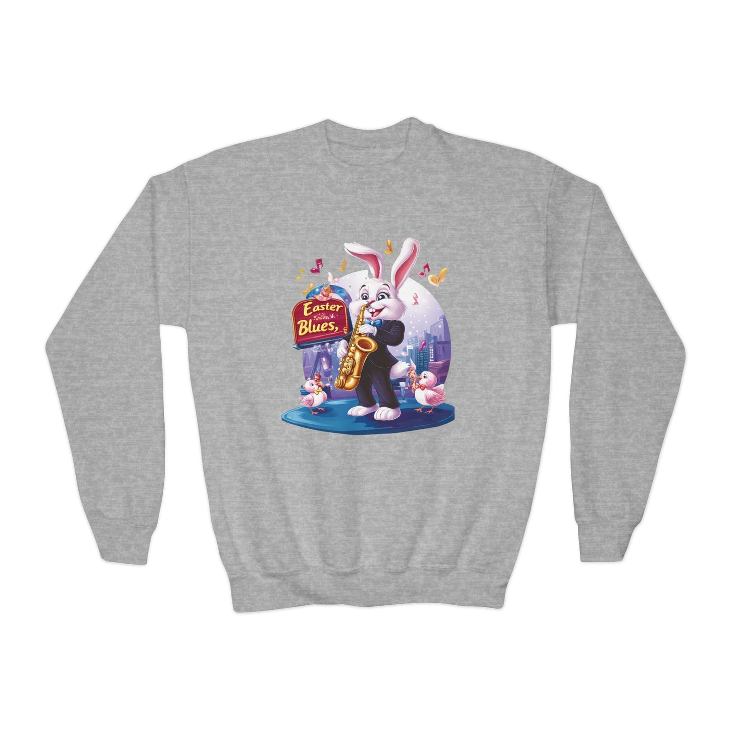 Jazz Bunny Easter Kids Sweatshirt - Cute Saxophone Playing Bunny Design, Fun Spring Crewneck, Holiday Gift for Boys and Girls