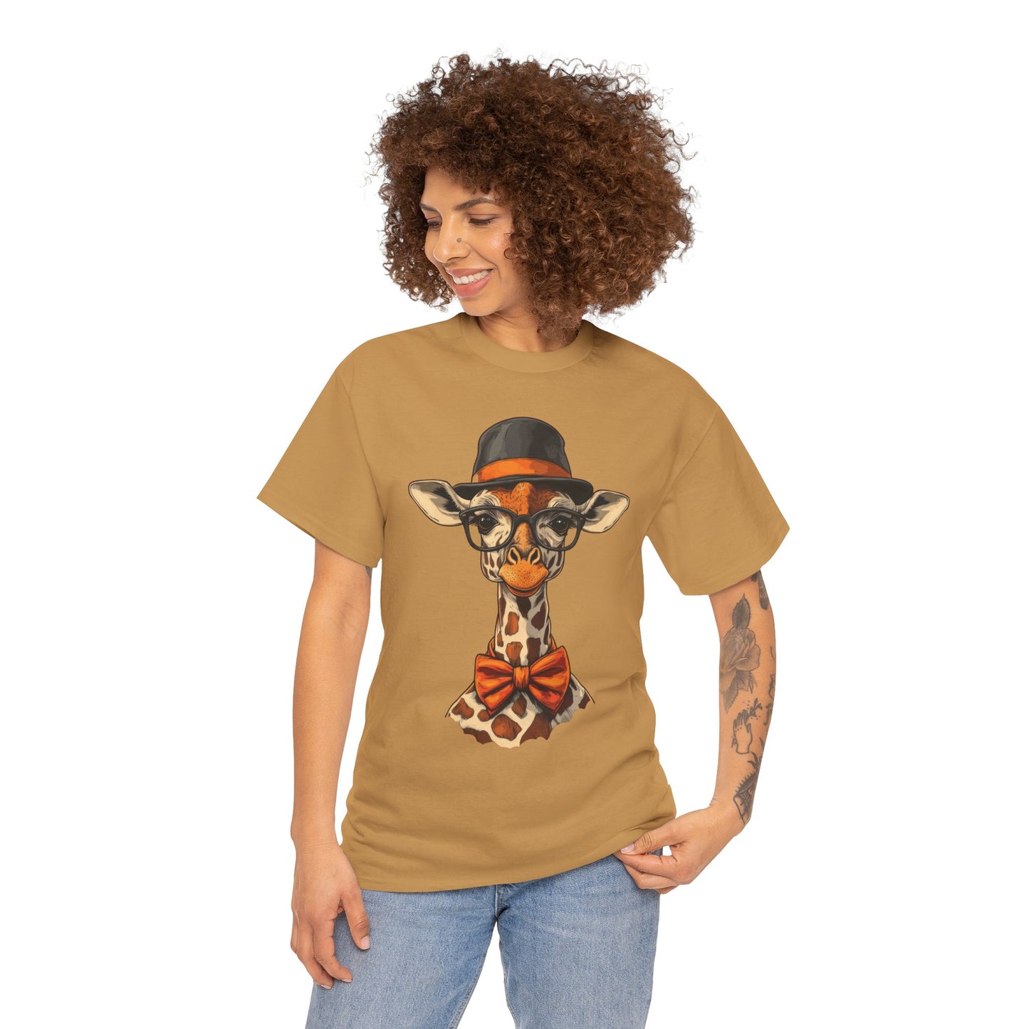Hipster Giraffe T-Shirt with Hat and Glasses, Whimsical Giraffe Tee, Fun Gift, Cute Graphic Shirt, Unisex Heavy Cotton Tee