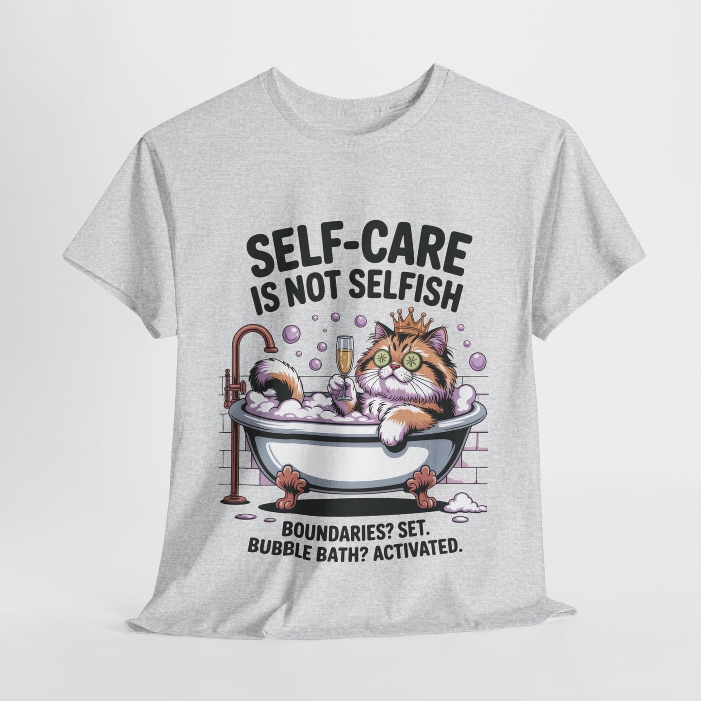 Womens Heavy Cotton Tee, Self-Care Cat Shirt, Funny Cat Bubble Bath Tee, Relaxing Kitty Graphic, Self Care Is Not Selfish Womens T-Shirt