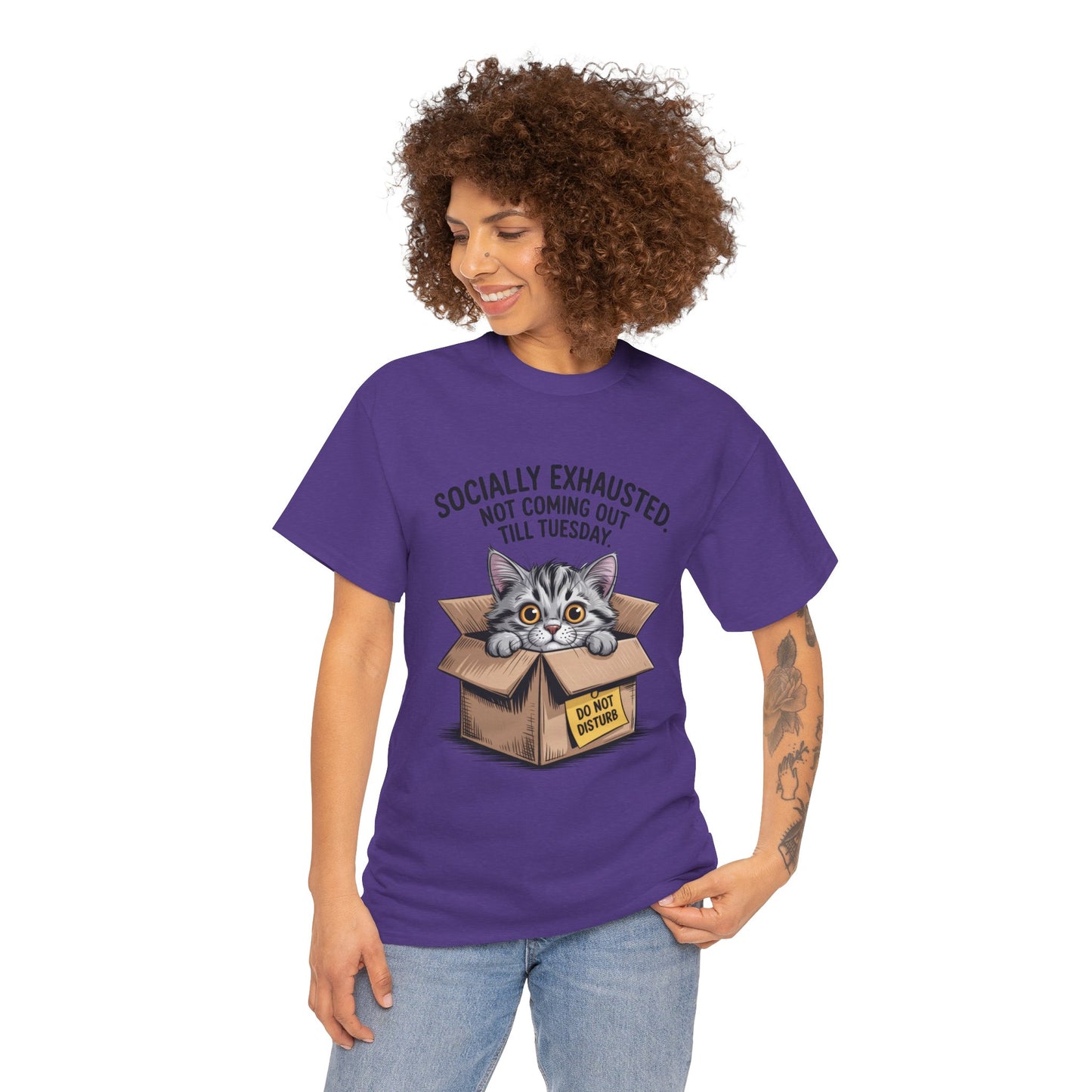 Socially Exhausted Cat Women's Tee, Funny Cat Shirt, Women's Graphic Tee, Gift for Introverts, Cute Animal T-Shirt, Weekend Wear