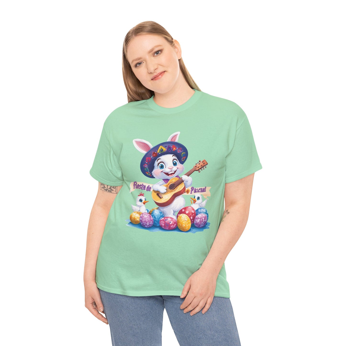 Fiesta de Pascua Bunny Shirt, Funny Easter Rabbit Playing Guitar Tee, Colorful Unisex Heavy Cotton T-Shirt, Cute Holiday Celebration Gift