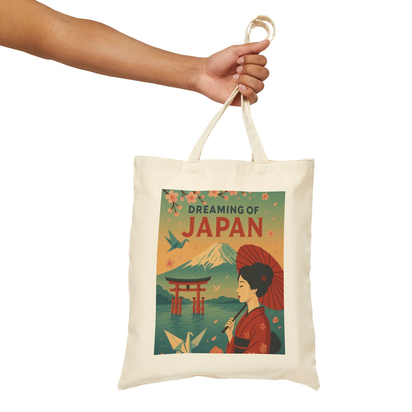 Dreaming of Japan Canvas Tote Bag, Eco-friendly Bag, Travel Tote, Gift for Travelers, Japanese Art Bag, Floral Design Bag