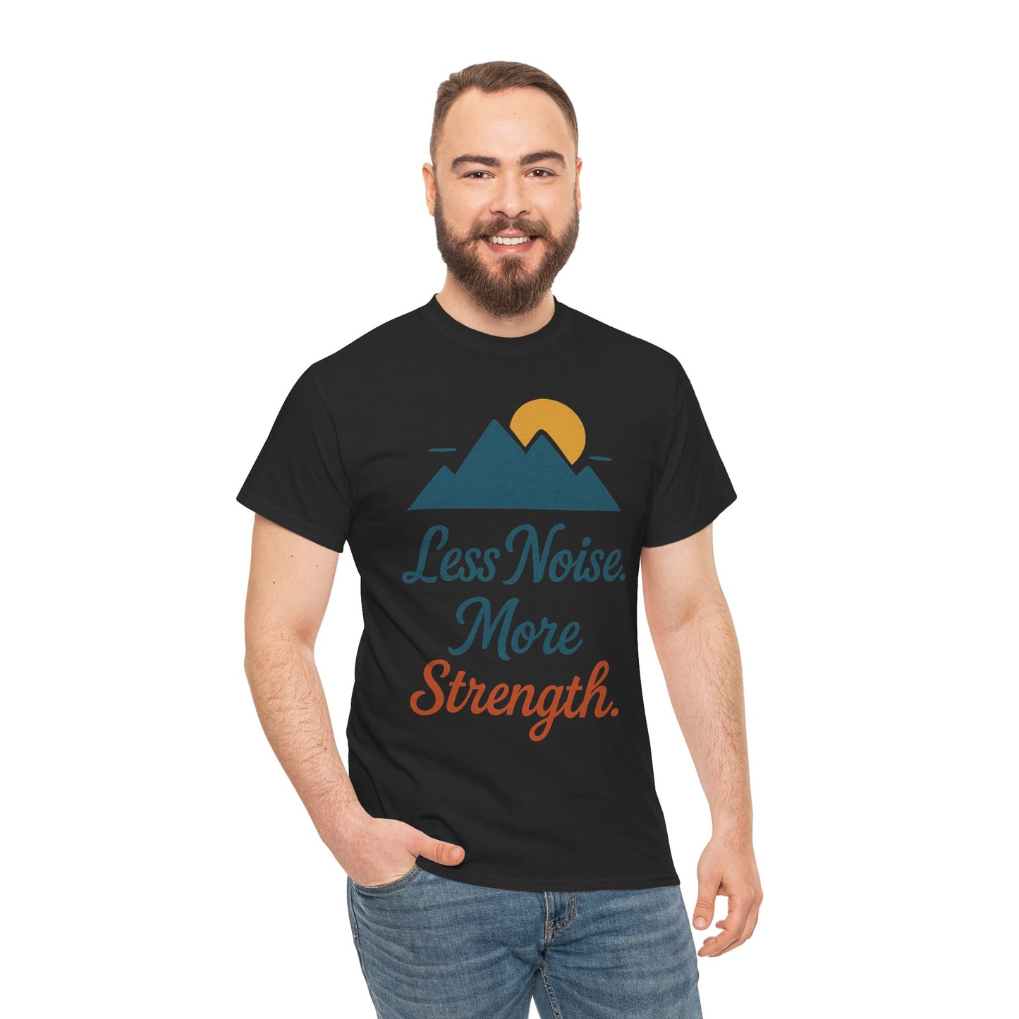 Mens Less Noise More Strength Mountain T-Shirt, Motivational Gym Hiking Tee