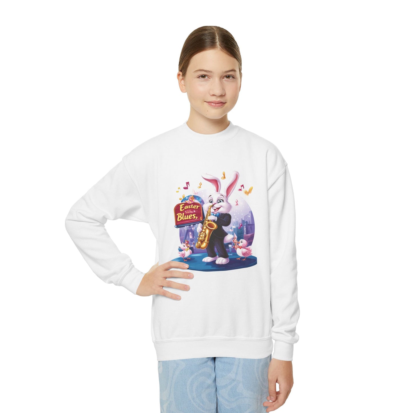 Jazz Bunny Easter Kids Sweatshirt - Cute Saxophone Playing Bunny Design, Fun Spring Crewneck, Holiday Gift for Boys and Girls