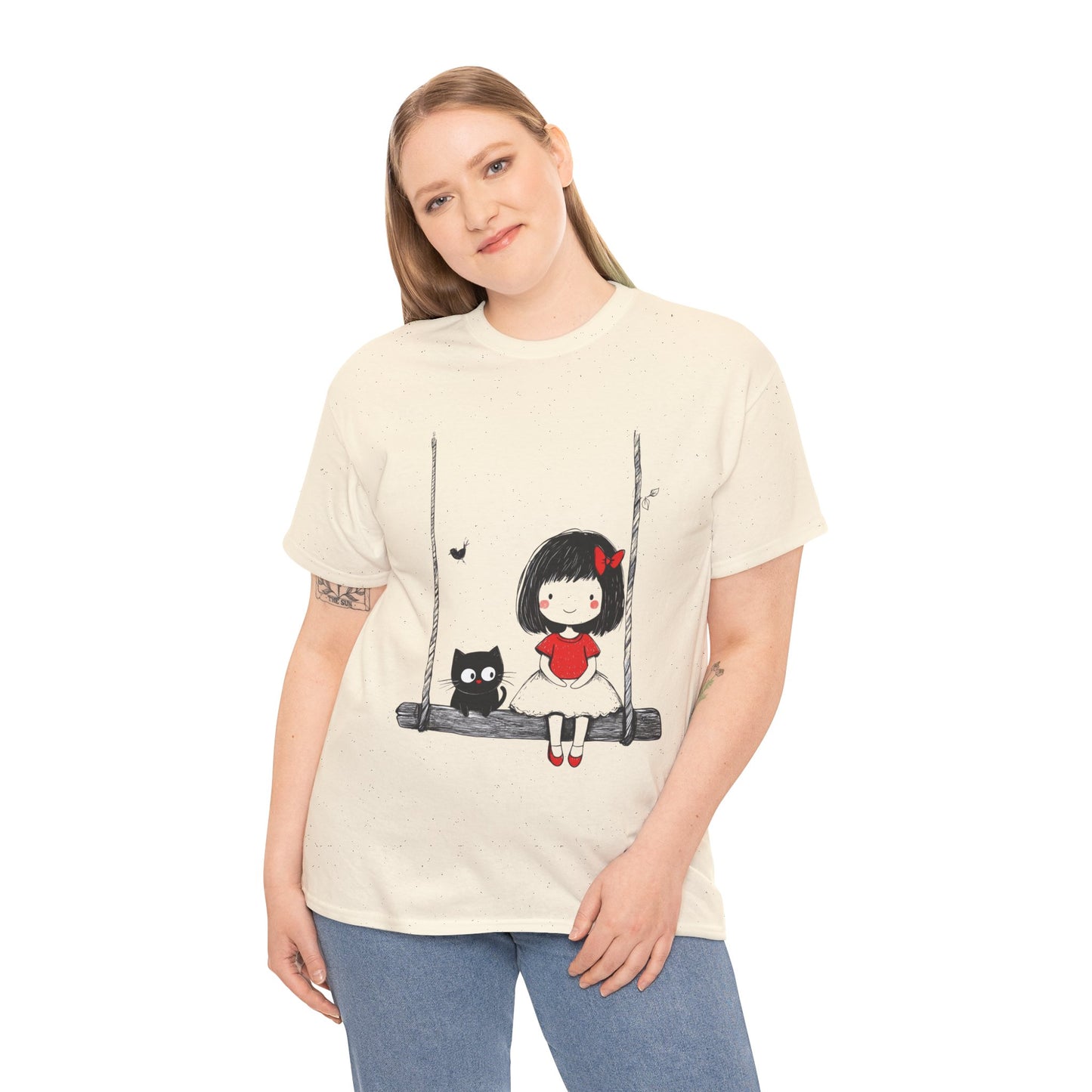 Cute Cat & Girl Graphic Tee, Playful Gift for Cat Lovers, Cat and Girl Design, Gift for Cat Owners, Women's Cotton T-Shirt