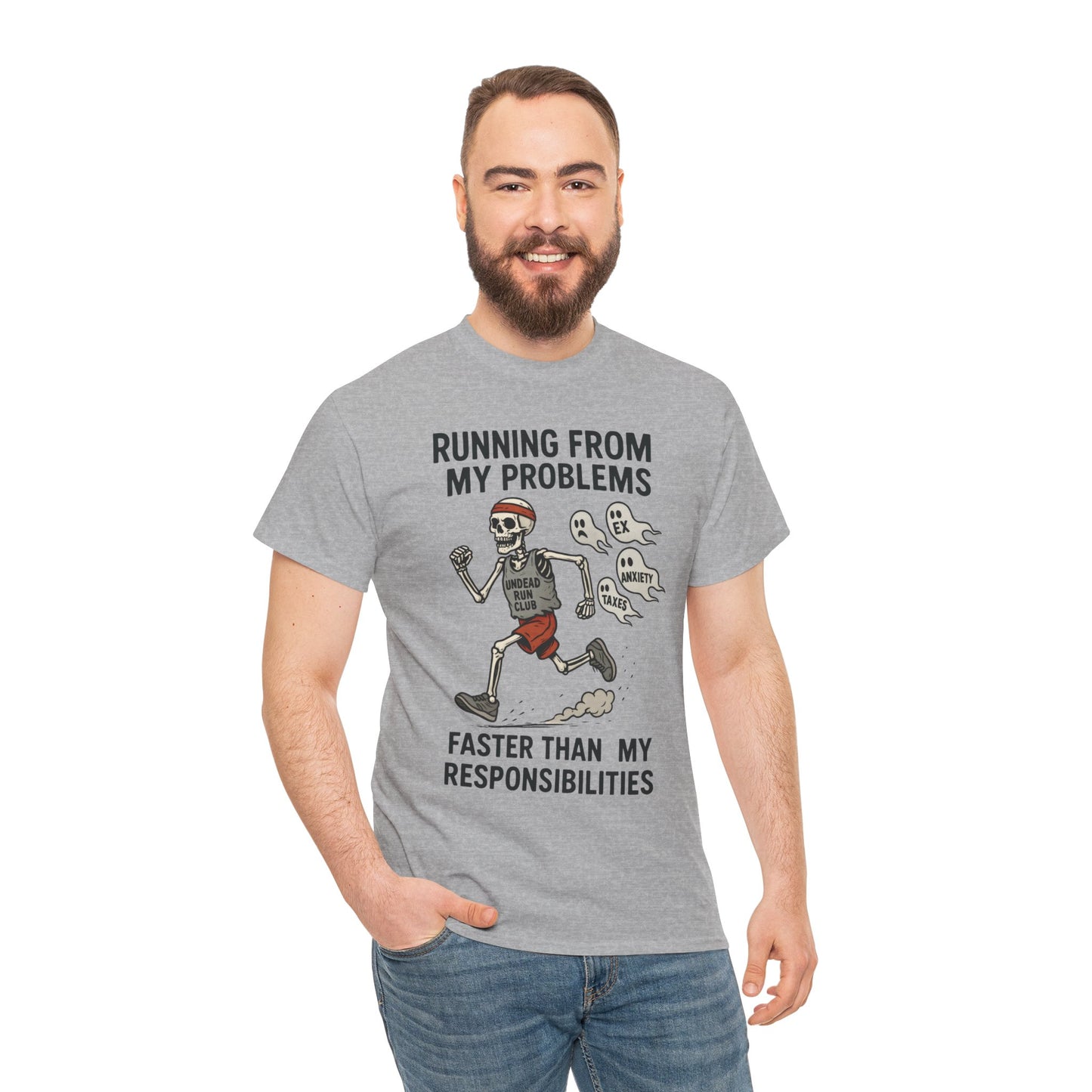 Skeleton Runner Tee for Men, Undead Jogging Club Shirt, Halloween T-Shirt, Gift for Runners, Anxiety Humor Gift