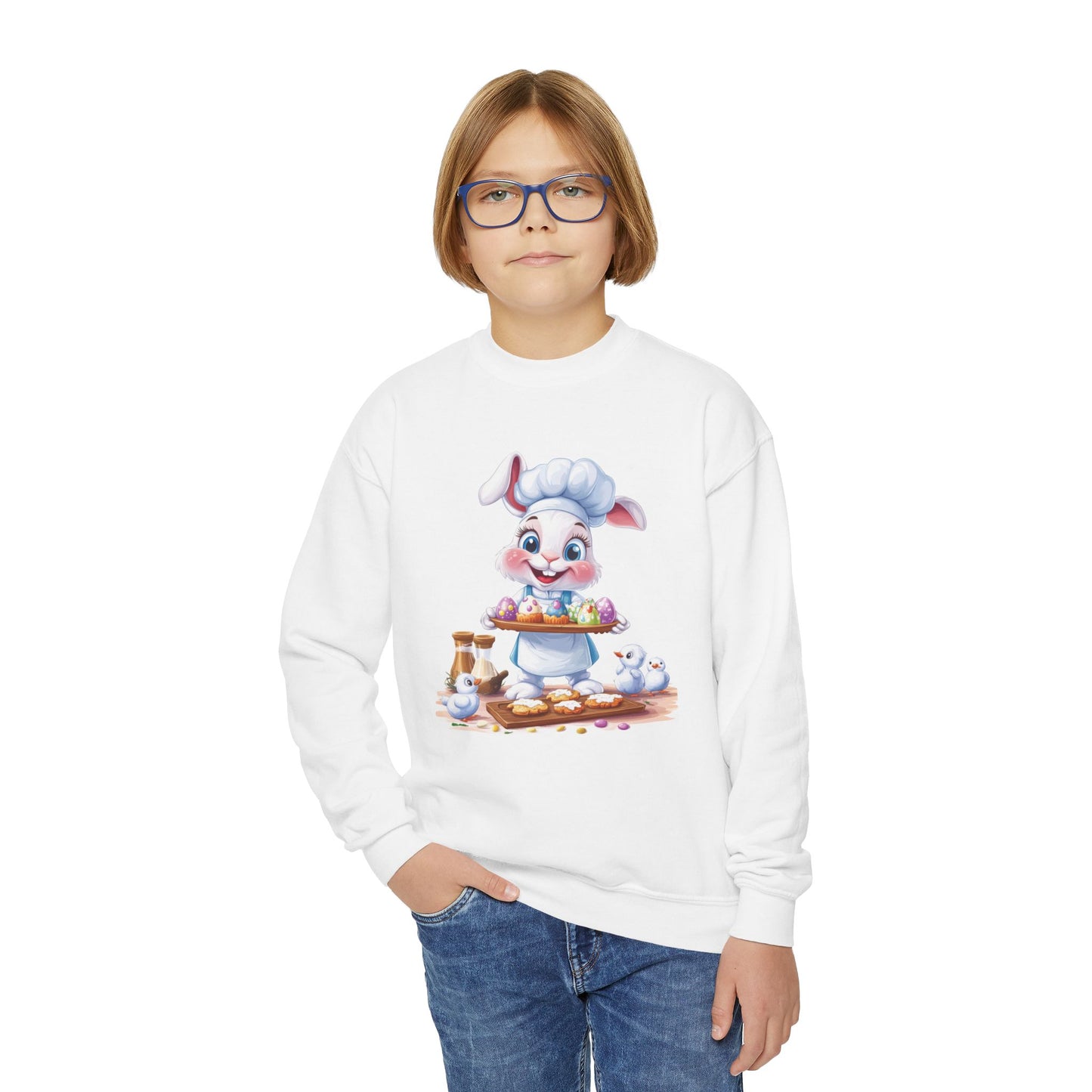 Easter Bunny Baker Youth Sweatshirt, Easter Gift, Kids Sweater, Cute Rabbit Design with Eggs, Spring Fashion, Easter Outfit for Kids