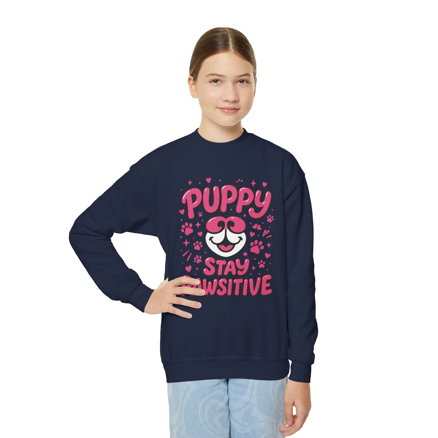 Youth Puppy Crewneck Sweatshirt - Stay Pawsitive Design, Cute Pet Apparel, Kids Sweatshirt, Animal Lover Gift, Cozy Winter Wear, Kids Gift