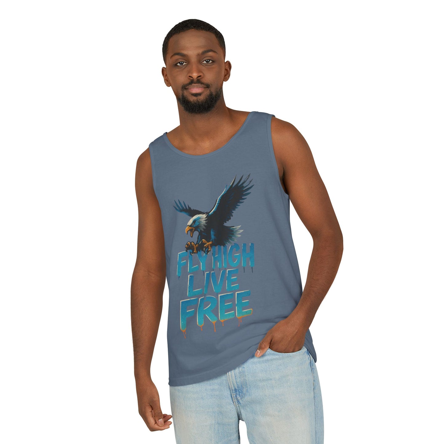 Mens Garment-Dyed Tank Top, Fly High Live Free Eagle Mens Tank Top Gym Wear