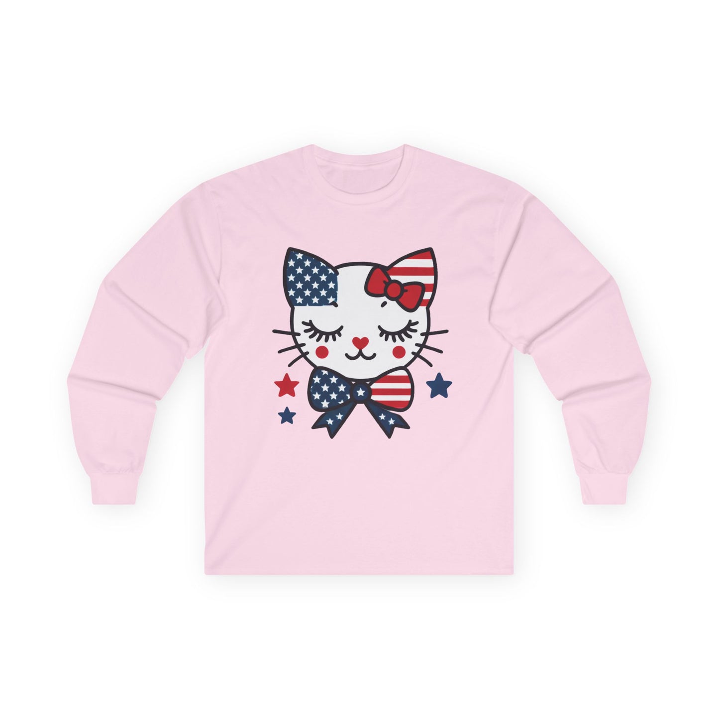 Cute Patriotic Cat Long Sleeve Tee, Women's T-Shirt for Independence Day, 4th of July Celebration, Animal Lover Gift, USA Flag Design
