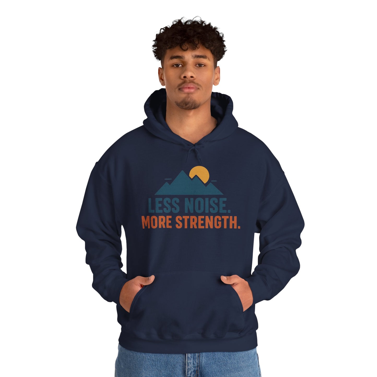 Men’s Less Noise More Strength Hoodie, Motivational Mountain Graphic Pullover, Mens Heavy Blend™ Hooded Sweatshirt