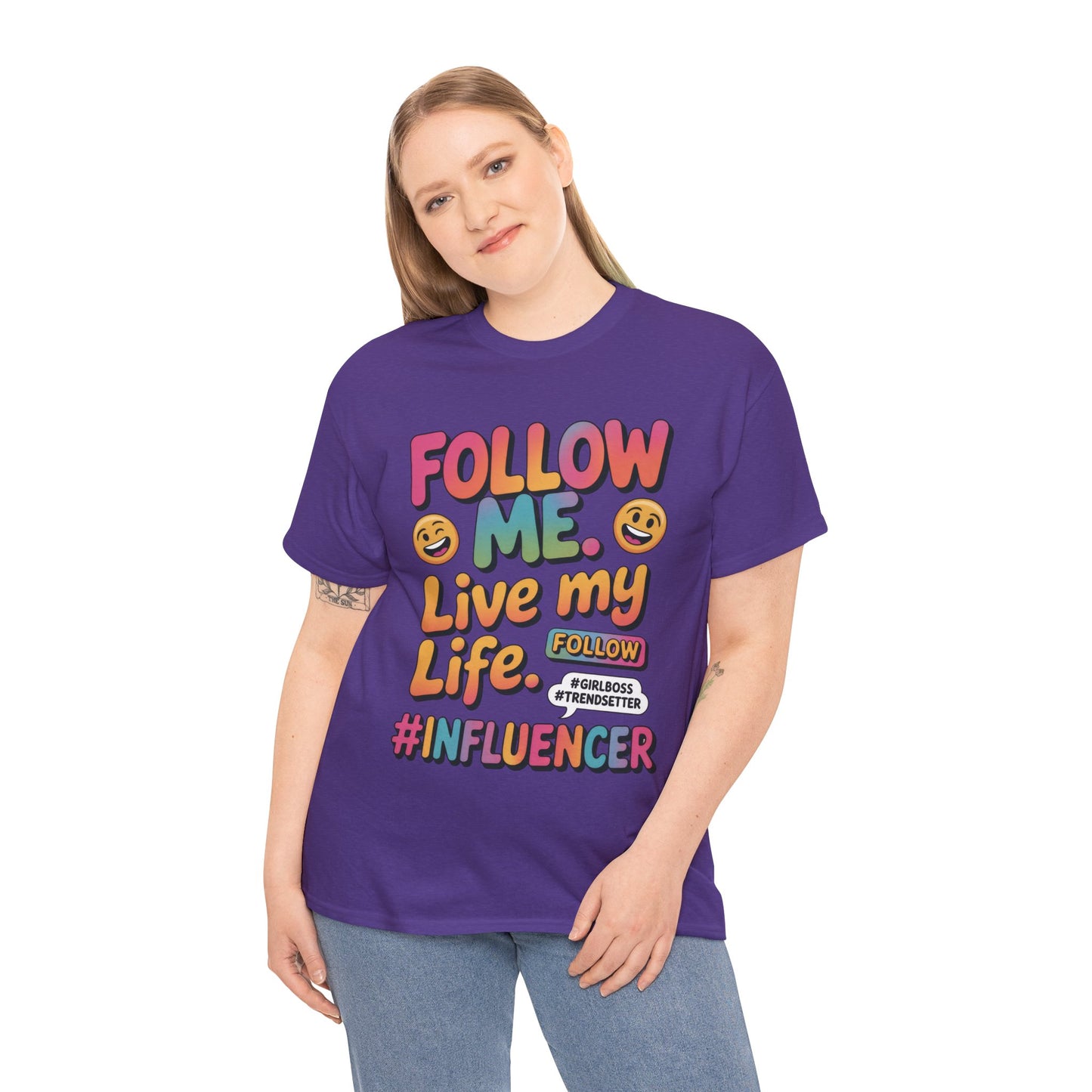 Womens Heavy Cotton Tee, Influencer Graphic Tee, Follow Me Live My Life Shirt, Colorful Trendy GirlBoss T-Shirt, Trendsetter Summer Wear