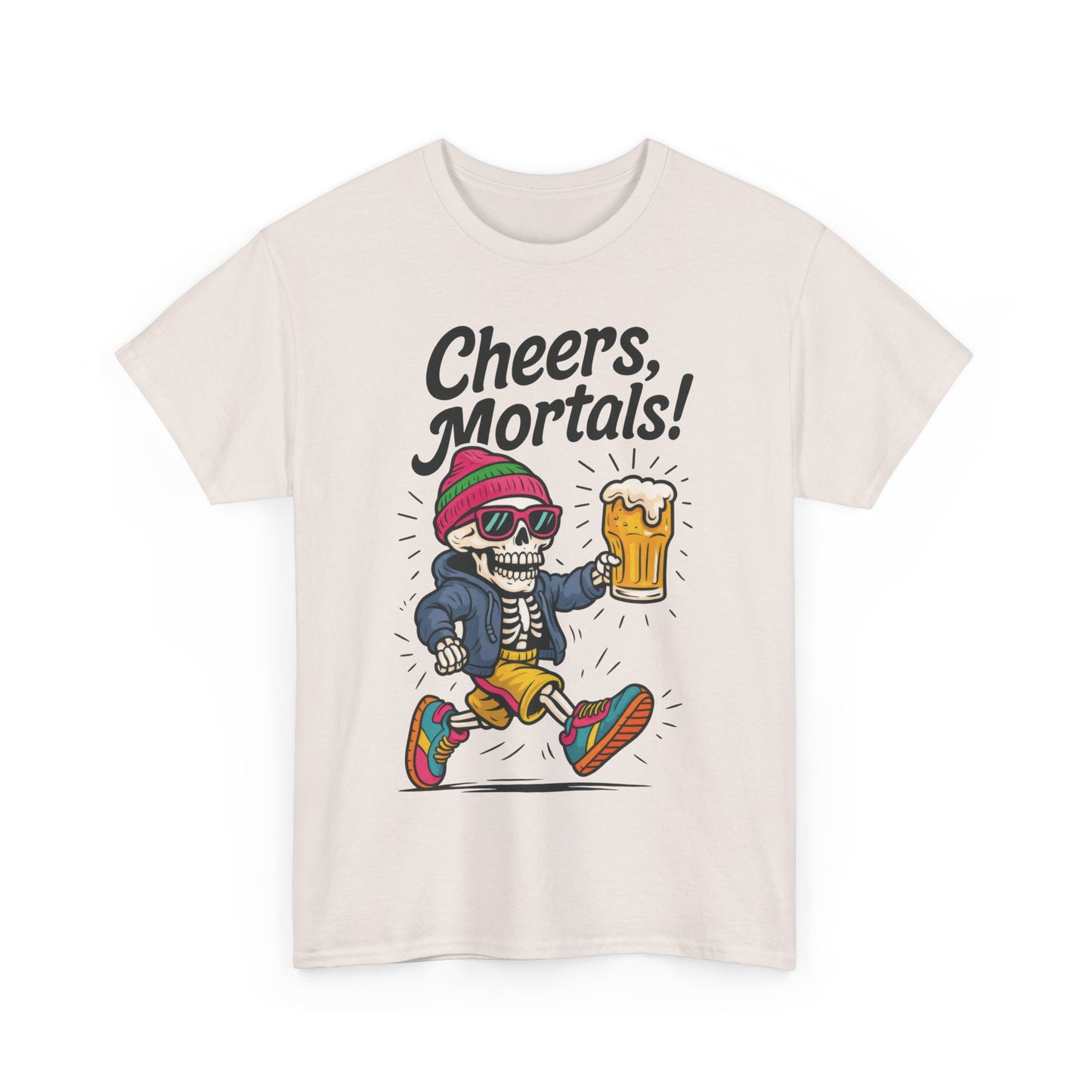 Cheers, Mortals! Mens Tee, Funny Skeleton Beer Graphic Tee, Cool Drinking Humor Shirt, Party Gift for Him, Halloween Tee, Beer Lovers Gift