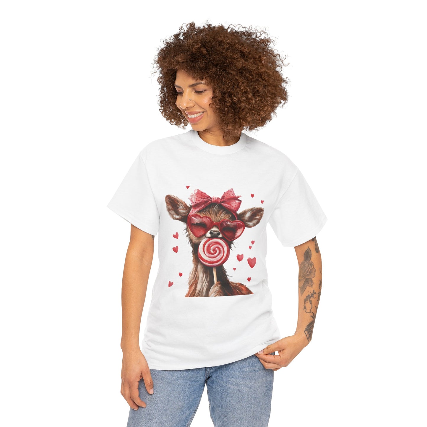 Cute Deer with Heart Glasses and Lollipop, Valentine's Day Heavy Cotton Tee, Fun Animal Love Shirt Gift for Her, Animal Lovers Shirt