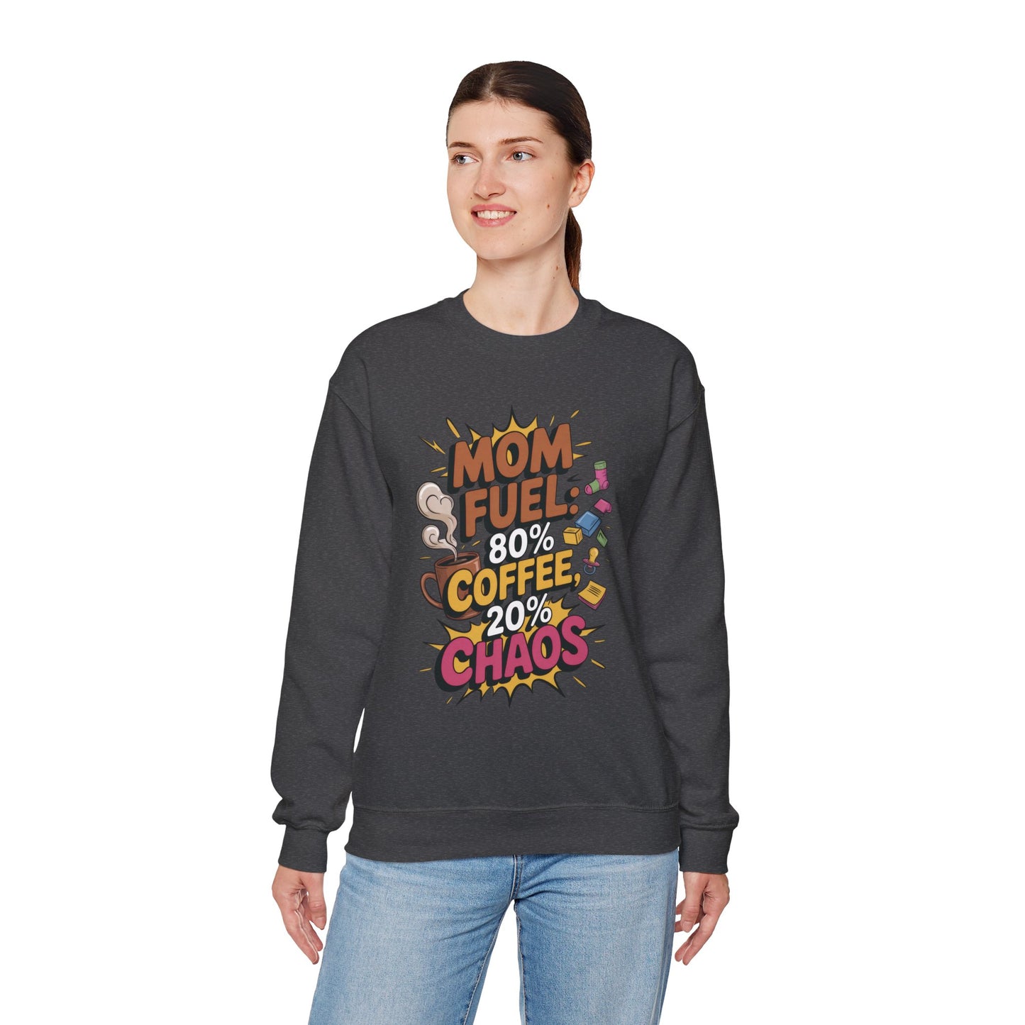 Funny Mom Fuel Sweatshirt, Perfect Gift for Moms, Chaos & Caffeine, Mother's Day Apparel, Funny Tired Mom Life Sweatshirt, Coffee Loving Mom