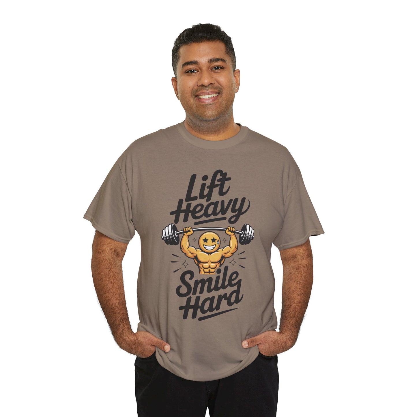 Mens Lift Heavy Smile Hard T-Shirt, Funny Gym Workout Graphic Tee, Mens Gym Tshirt