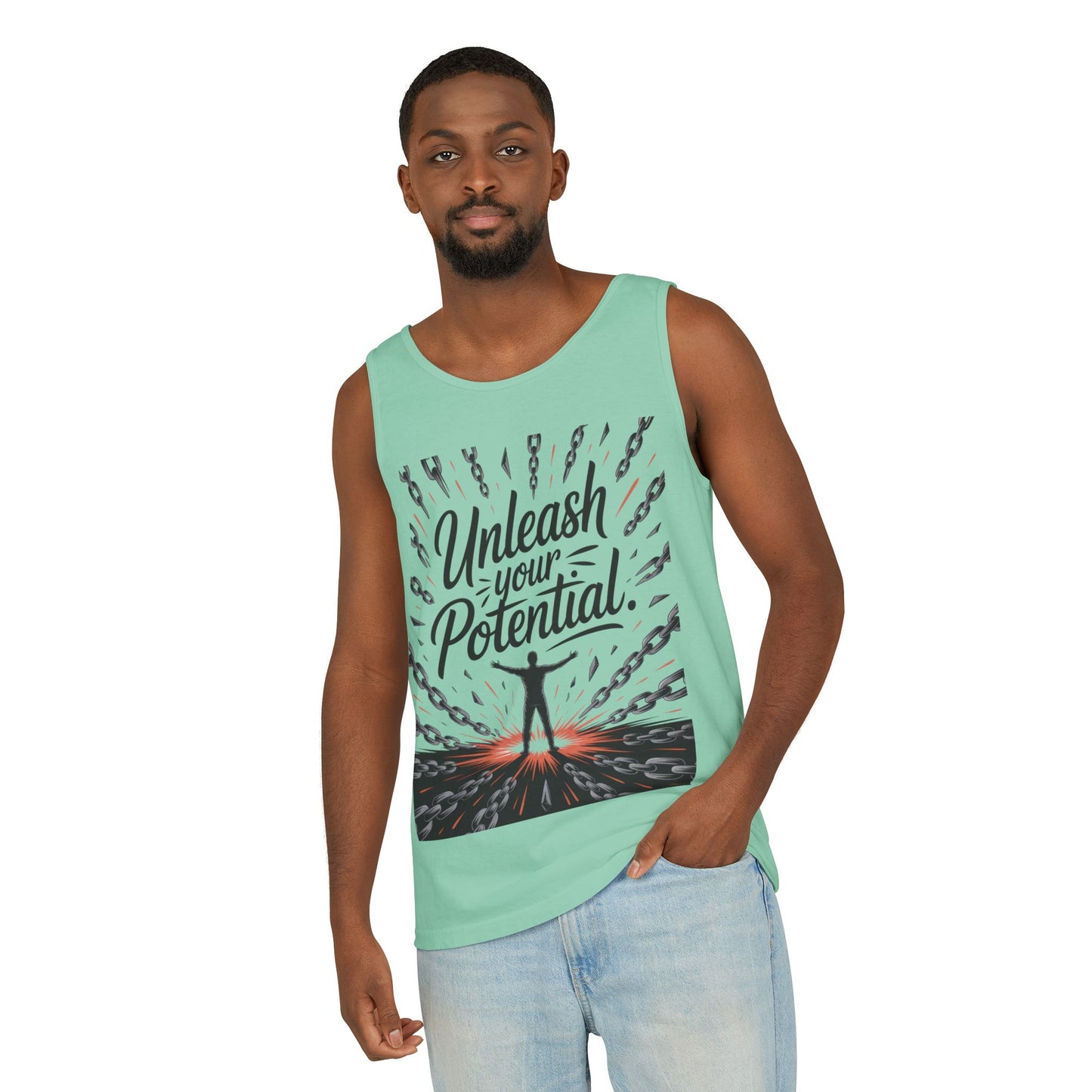 Men's Motivational Tank Top, "Unleash Your Potential" Graphic, Inspirational Gym Wear, Fitness Apparel, Summer Top, Gift for Him