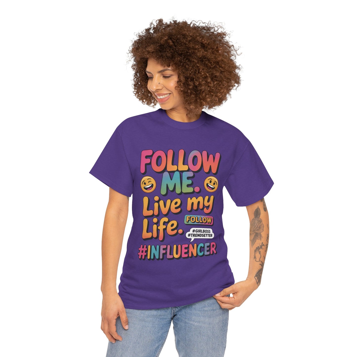 Womens Heavy Cotton Tee, Influencer Graphic Tee, Follow Me Live My Life Shirt, Colorful Trendy GirlBoss T-Shirt, Trendsetter Summer Wear