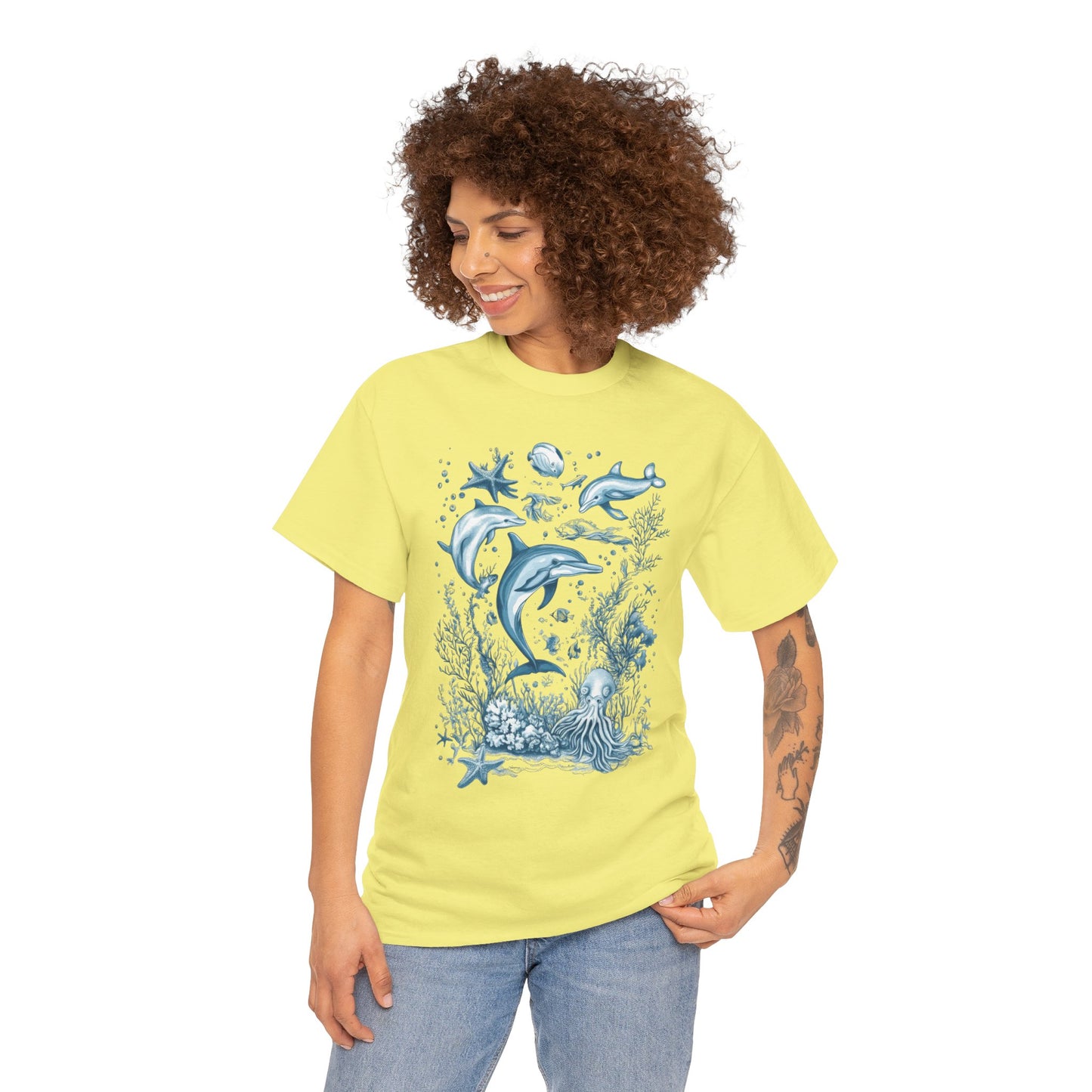 Ocean Life Dolphin T-Shirt, Women's Cotton Tee with Underwater Sea Creatures, Marine Nature Gift Shirt, Perfect for Beach Lovers