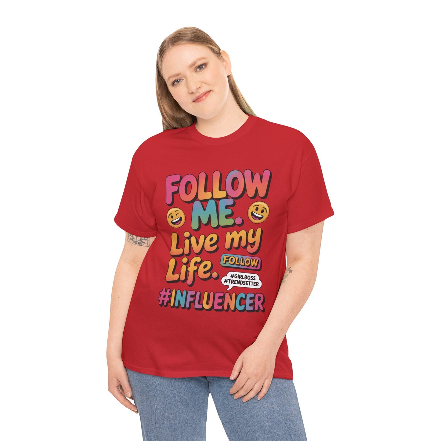 Womens Heavy Cotton Tee, Influencer Graphic Tee, Follow Me Live My Life Shirt, Colorful Trendy GirlBoss T-Shirt, Trendsetter Summer Wear