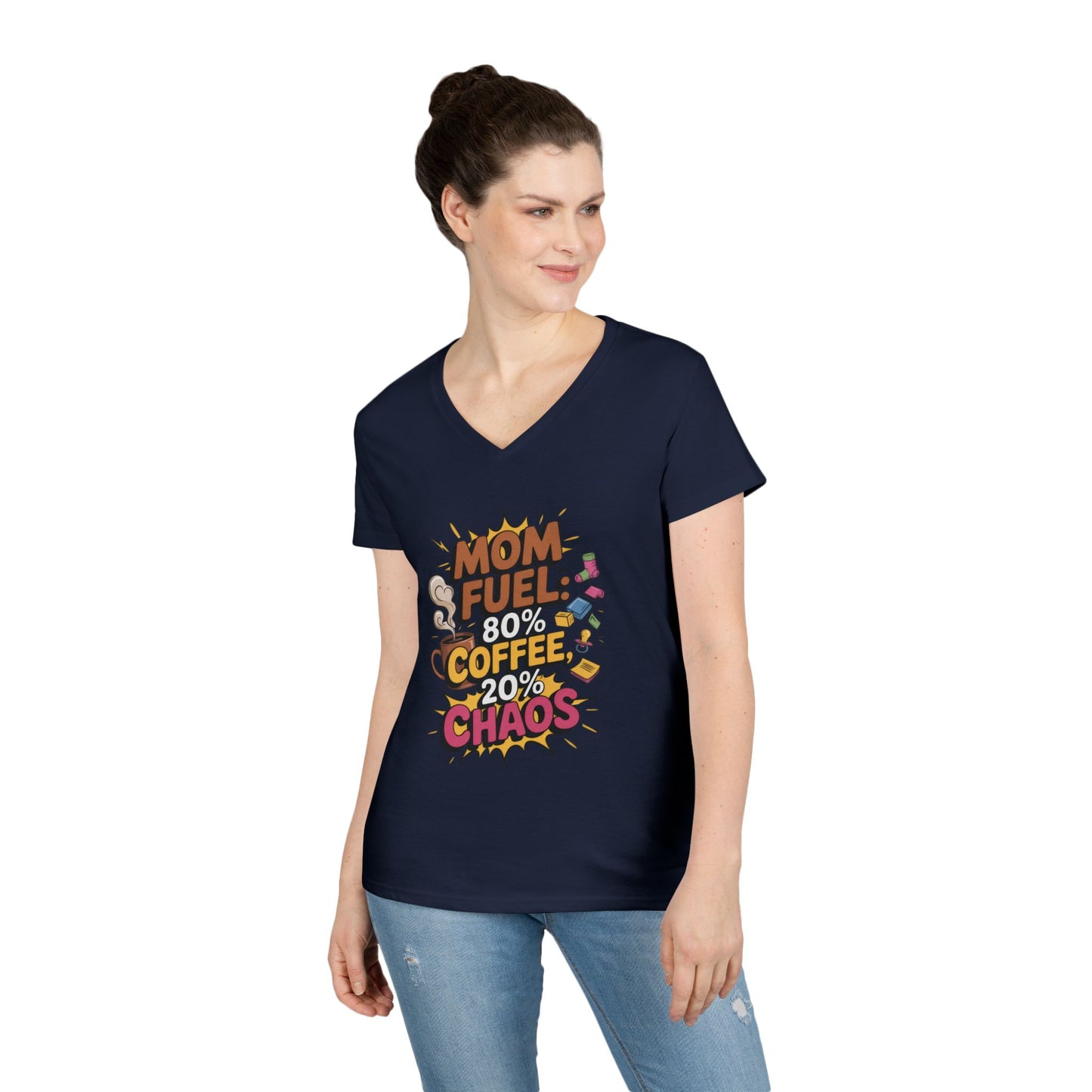 Mom Fuel V-Neck T-Shirt, Funny Gift for Moms, Coffee Lovers, Mother's Day, Everyday Humor, Tired Mom Life Tee, Coffee Loving Moms
