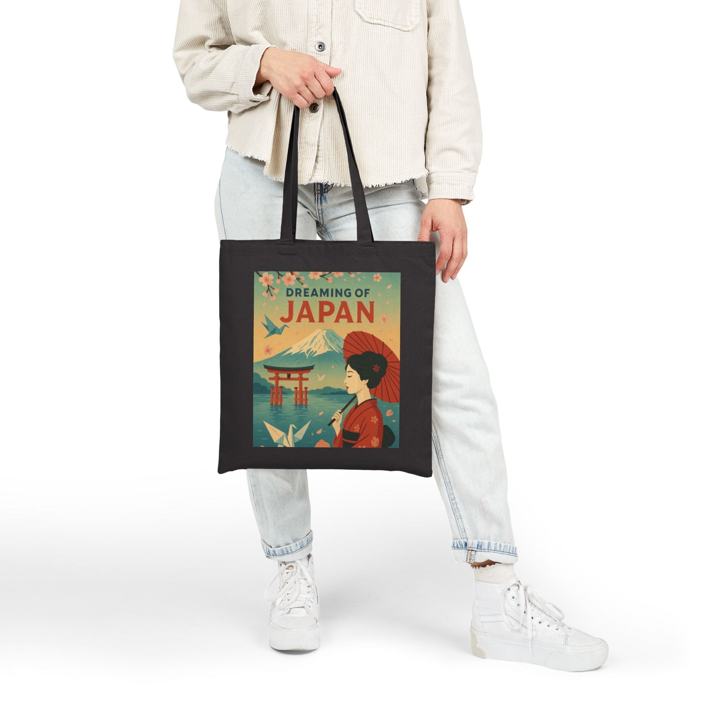 Dreaming of Japan Canvas Tote Bag, Eco-friendly Bag, Travel Tote, Gift for Travelers, Japanese Art Bag, Floral Design Bag