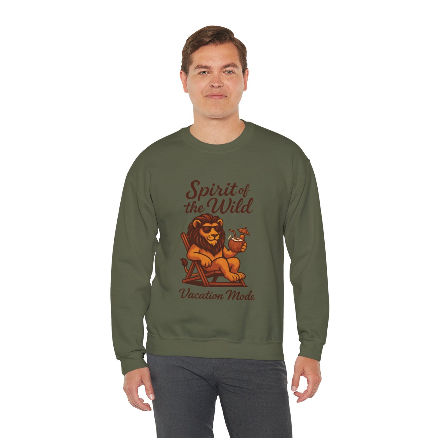 Spirit of the Wild Lion Mens Sweatshirt - Vacation Mode Funny Relaxed Jungle King Pullover, Fun Gift for Travelers