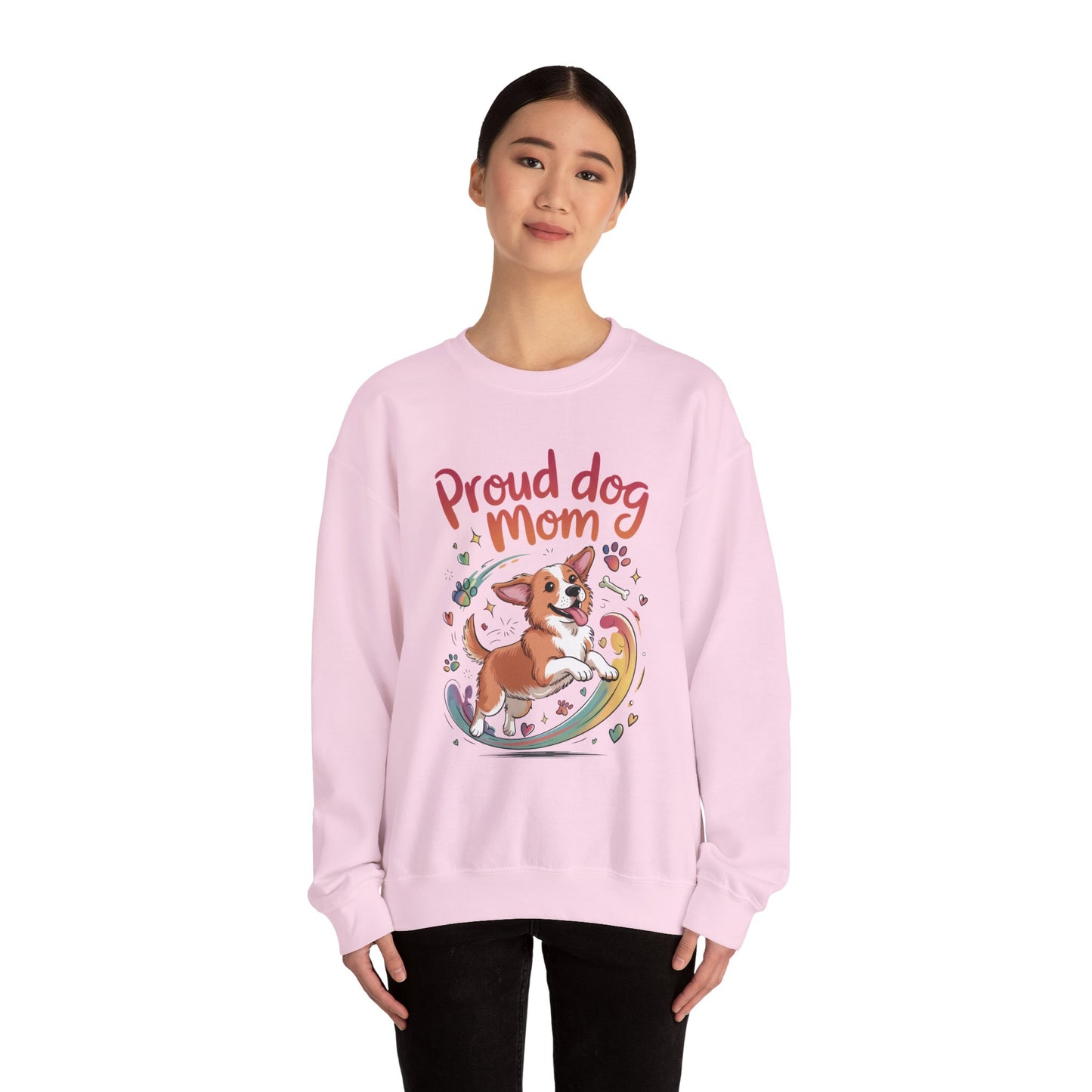 Proud Dog Mom Crewneck Sweatshirt, Pet Lover Gift, Dog Mom Apparel, Animal Lover Clothing, Gift for Dog Moms, Puppy Paw Rainbow Print