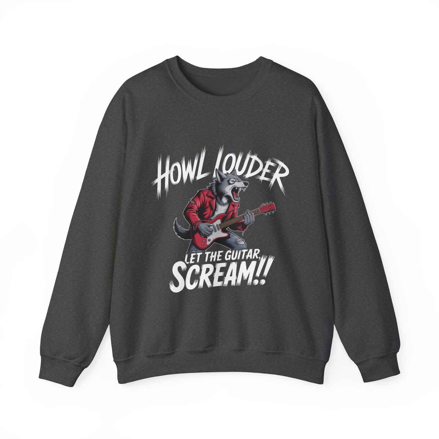 Howl Louder Wolf Sweatshirt, Let The Guitar Scream Pullover, Rock Guitar Animal Hoodie, Rocking Wolf Crewneck Sweatshirt, Music Lover Gift