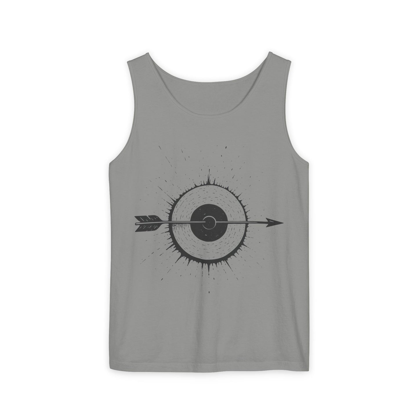 Mens Garment-Dyed Tank Top with Target Arrow Design, Casual Wear, Summer Essentials, Gym Wear, Gifts for Archery Lovers