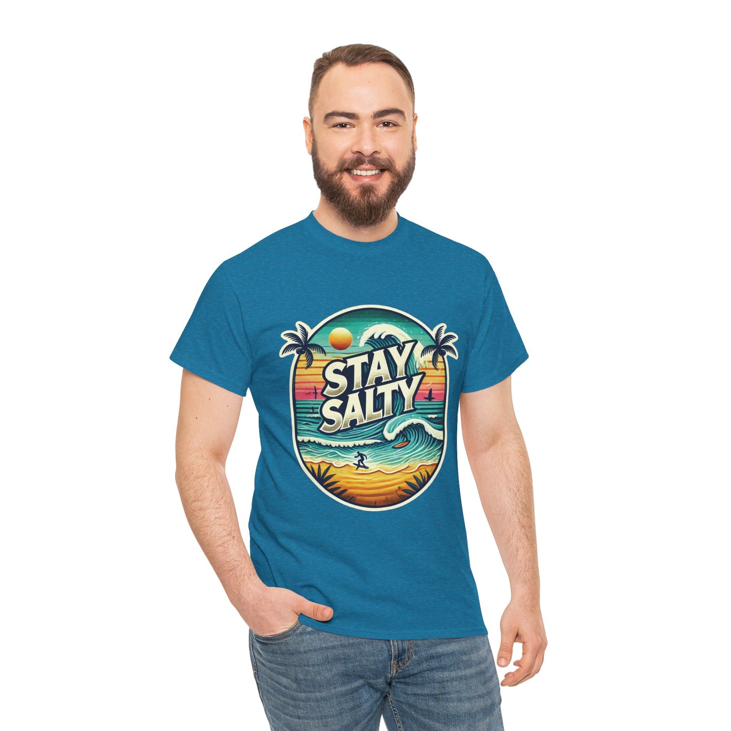 Stay Salty Retro Surf Unisex Heavy Cotton Tee, Vintage Beach Sunset Graphic T-Shirt, Summer Ocean Wave Surfer Shirt, Ocean Lover Gift