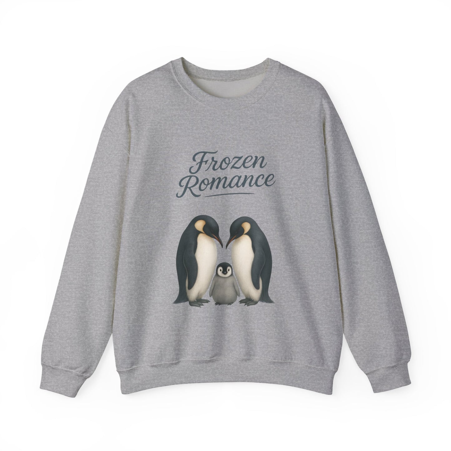 Womens Heavy Blend™ Crewneck Sweatshirt, Womens Frozen Romance Penguin Sweatshirt, Cute Animal Pullover, Romantic Graphic Top