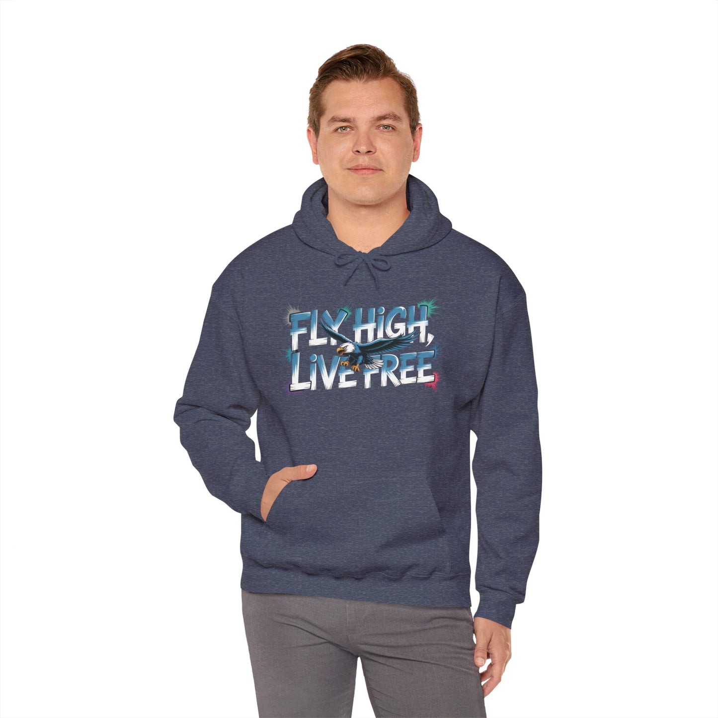Mens Heavy Blend™ Hooded Sweatshirt, Fly High Live Free Eagle Mens Hoodie Streetwear