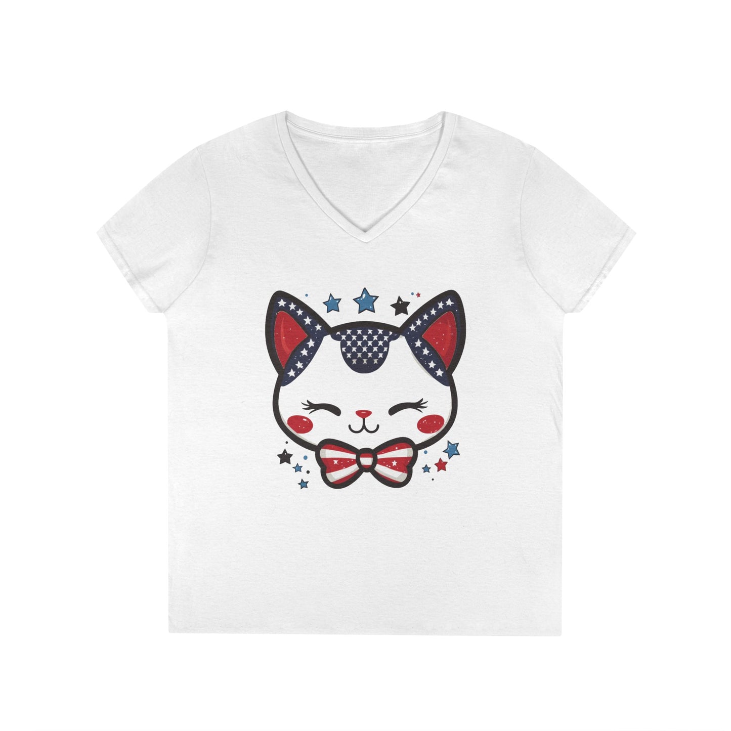 Cute Patriotic V-Neck T-Shirt, Women's Graphic Tee, Perfect for Cat Lovers, Perfect for Holidays and Fourth of July Celebrations