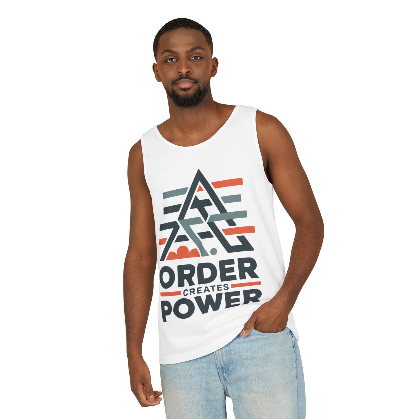 Mens Garment-Dyed Tank Top, Mens Tank Top Order Creates Power, Minimal Geometric Motivational Graphic Summer Shirt