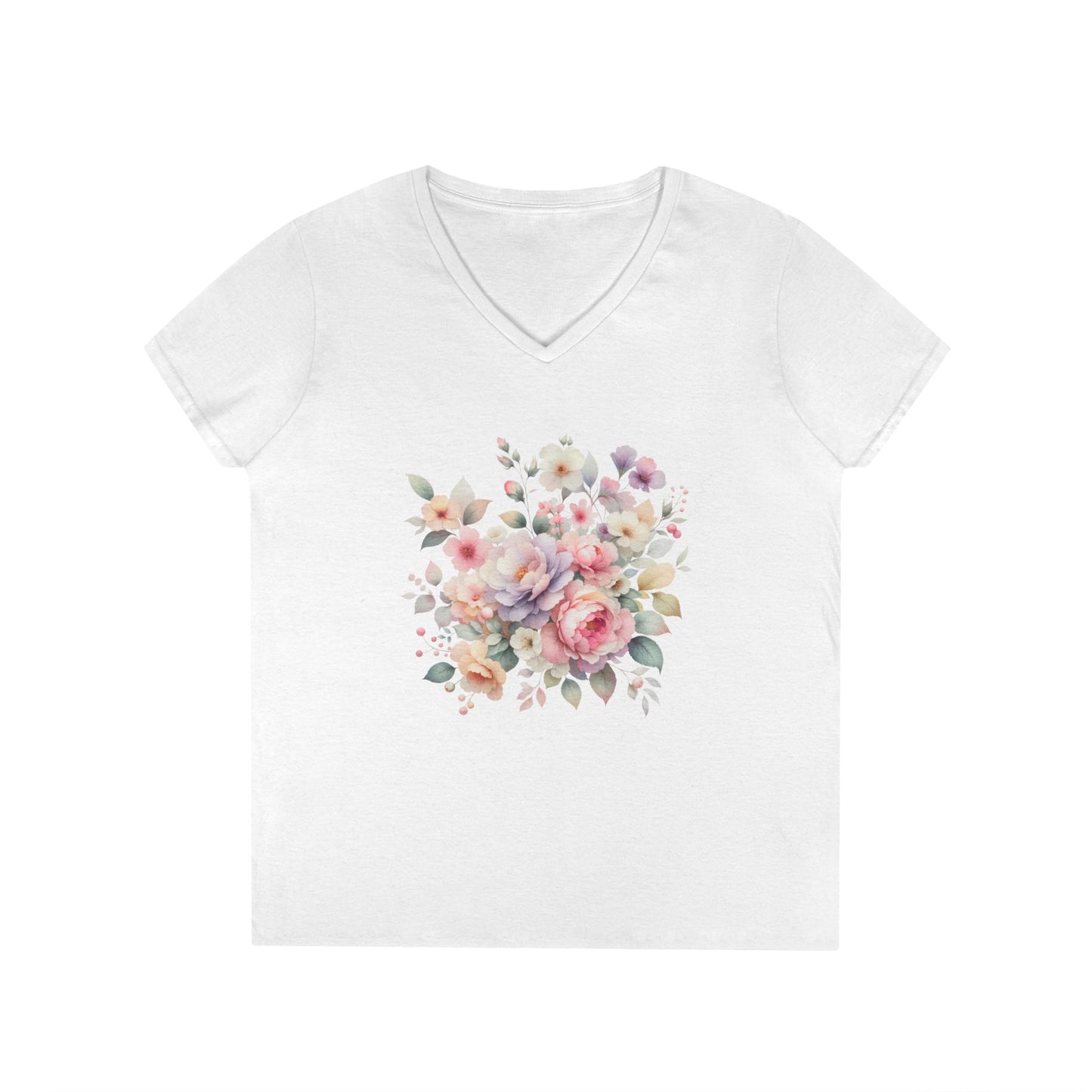 Pastel Floral Bouquet Ladies' V-Neck T-Shirt, Romantic Soft Vintage Flower Tee, Spring Fashion, Gift for Her, Everyday Wear