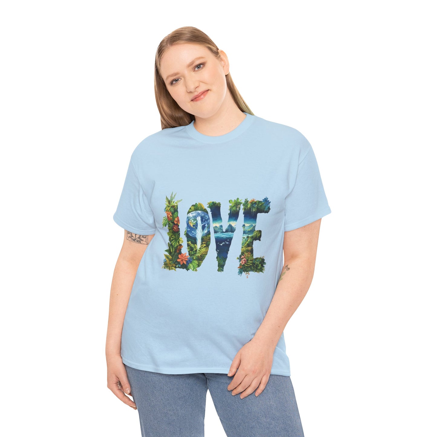 LOVE Nature Art Womens Heavy Cotton Tee, Earth Day Jungle Forest Graphic T-Shirt, Eco Friendly Gift Shirt, Nature-Inspired Love Tee