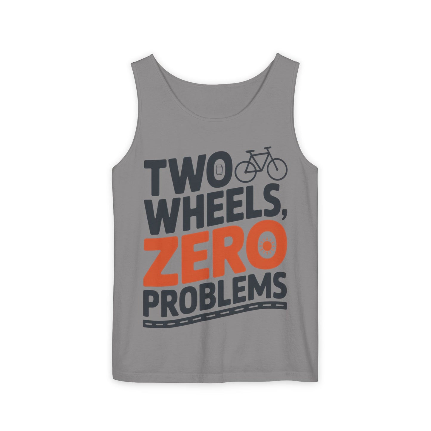 Mens Garment-Dyed Tank Top, Two Wheels Zero Problems Mens Cycling Graphic Tank, Gift for Cyclists
