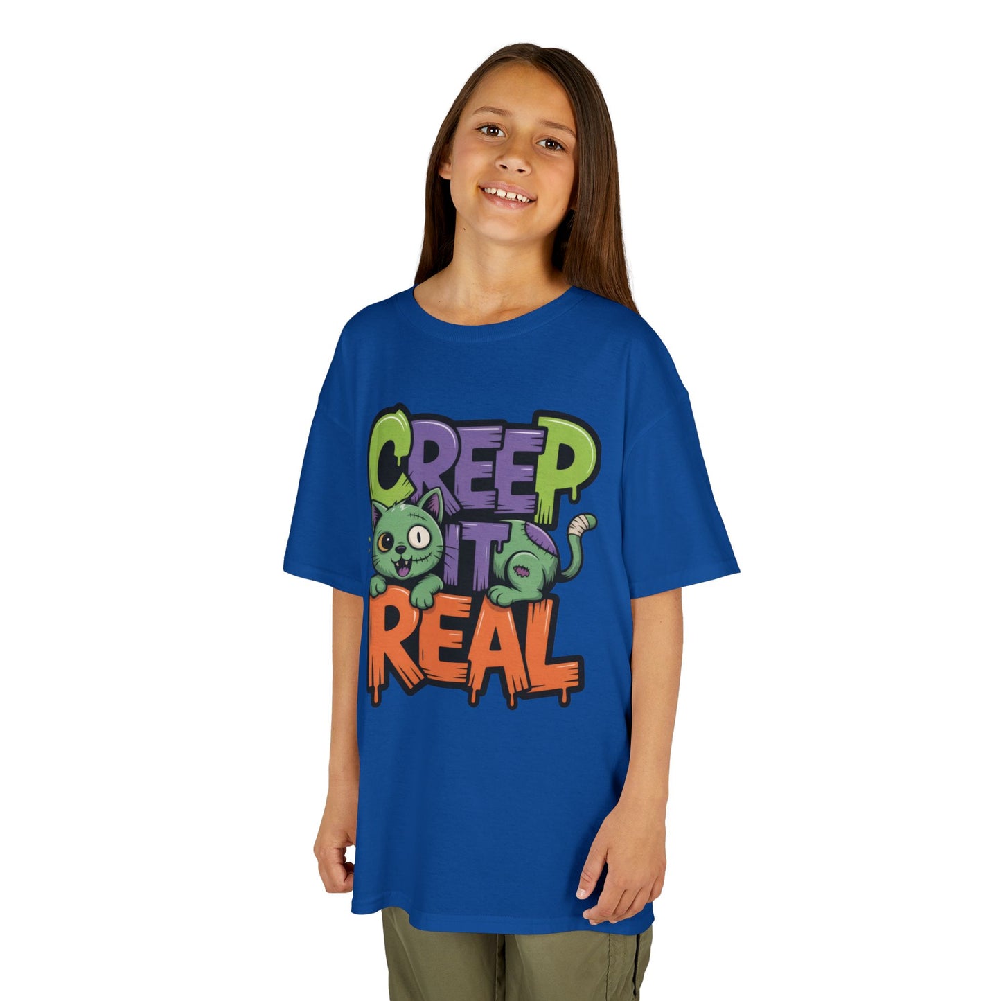 Creep It Real Kids Halloween Shirt, Cute Zombie Cat Graffiti Style T-Shirt for Boys & Girls