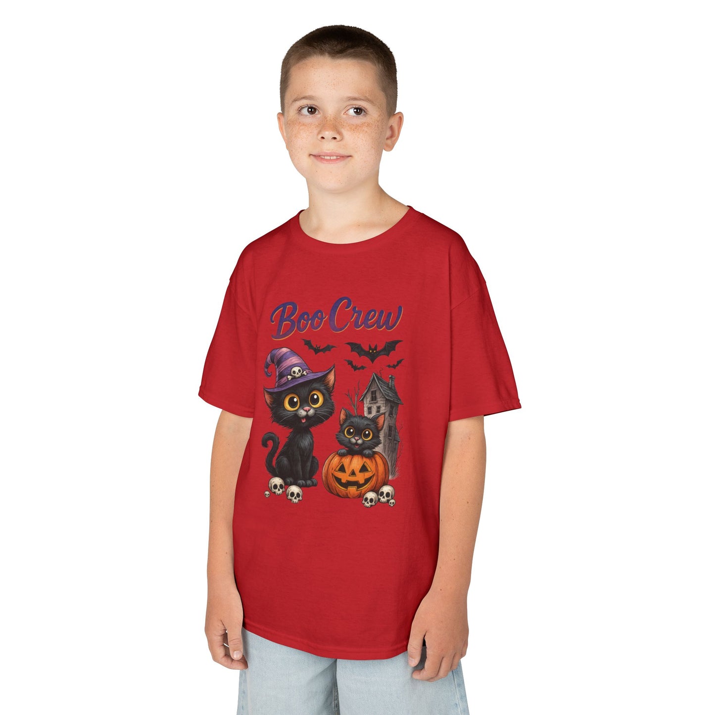 Boo Crew Kids Halloween T-Shirt, Cute Black Cats Pumpkin Design, Fun Spooky Shirt for Girls Boys