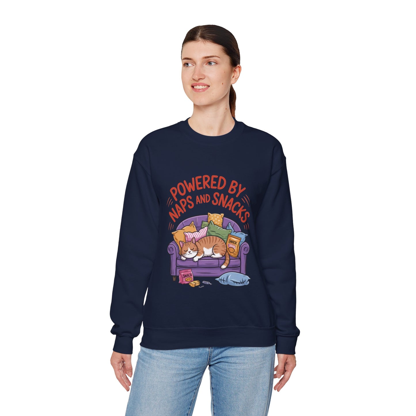 Powered by Naps and Snacks Sweatshirt, Cozy Lounge Crewneck, Gifts for Cat Lovers, Funny Cat Sweatshirt, Casual Everyday Wear