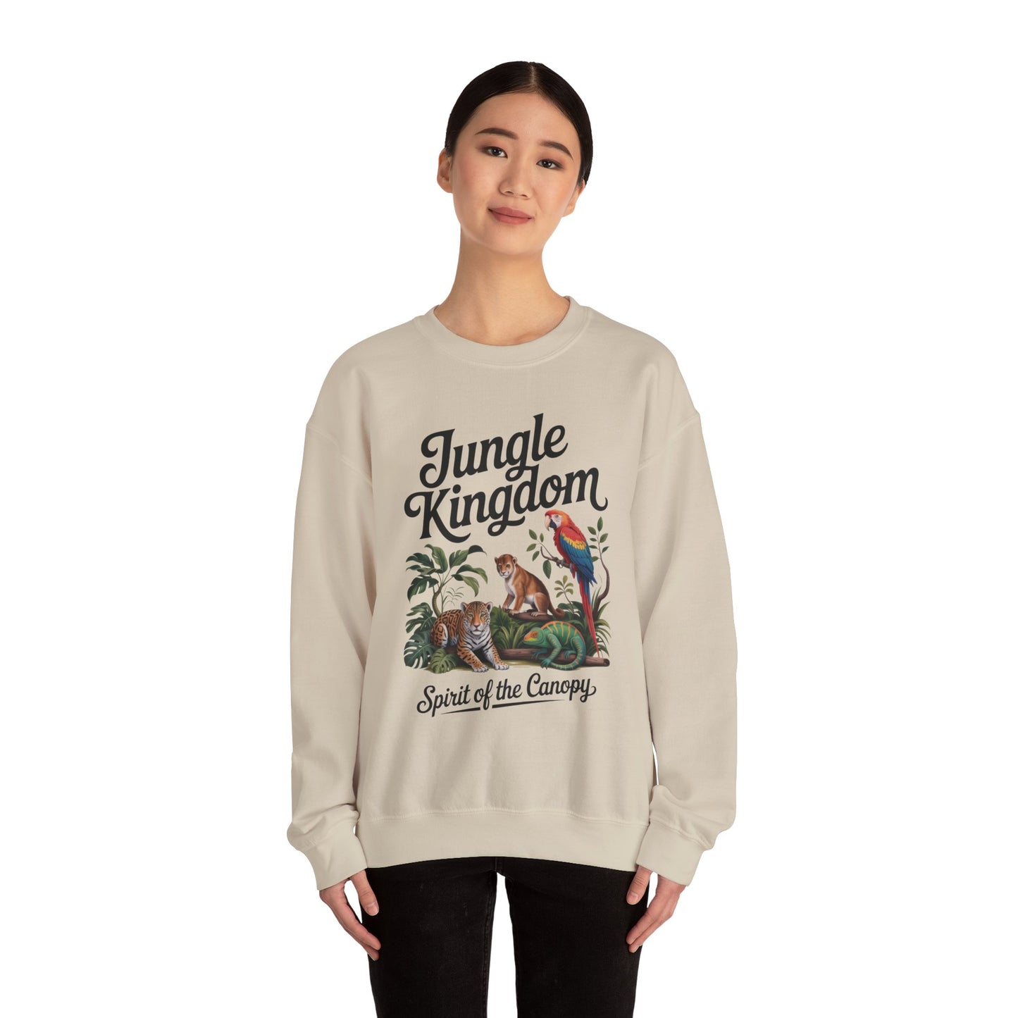 Jungle Kingdom Womens Sweatshirt, Cozy Jungle Crewneck, Nature Lover Gift, Wildlife Artwork, Eco-Conscious Apparel, Animal Enthusiast Clothing